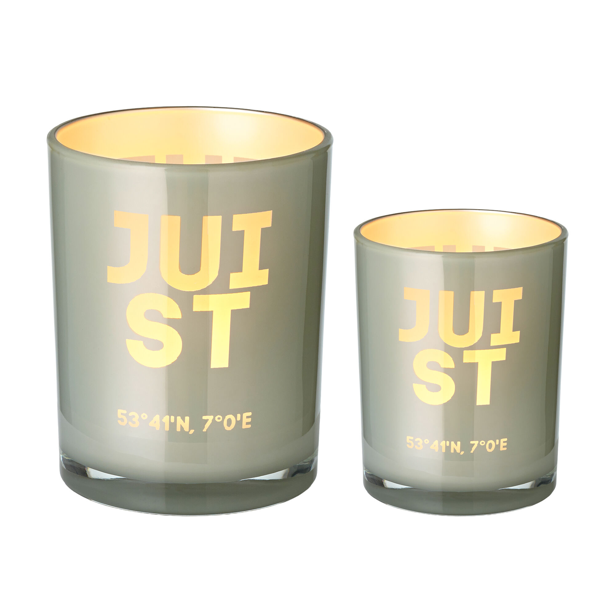 2er-Set Teelichtglas Juist (Höhe 8 & 12,5 cm), grau, Juist-Motiv