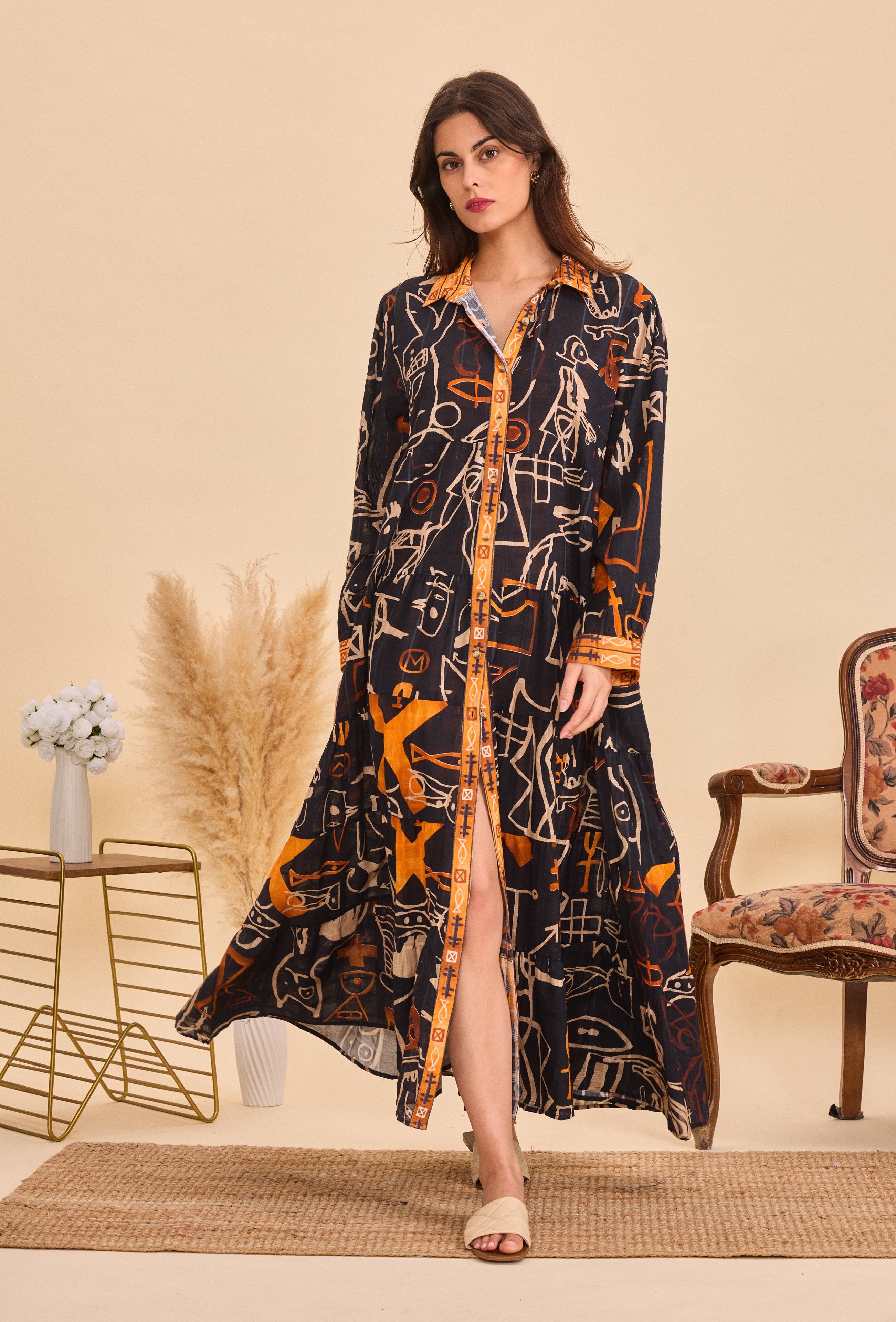 Bohemian style long shirt dress in printed cotton - Black