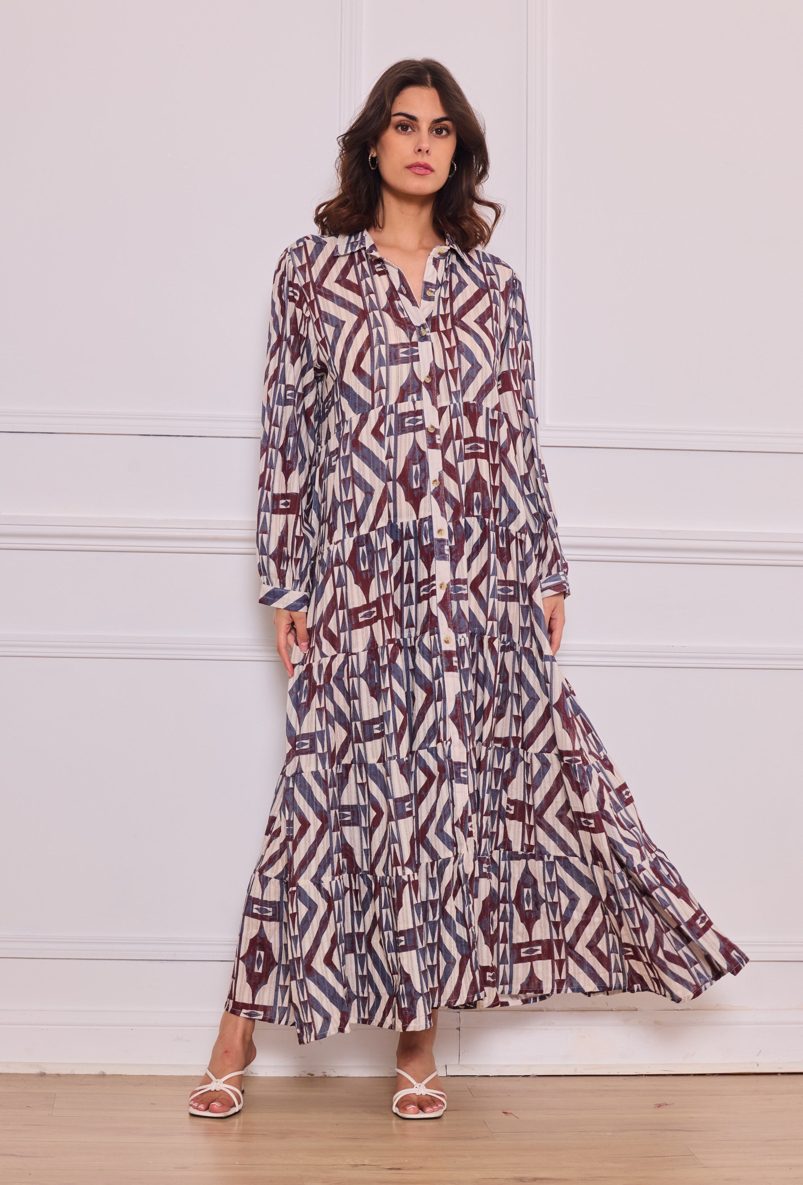 Bohemian style long shirt dress in printed cotton - One size