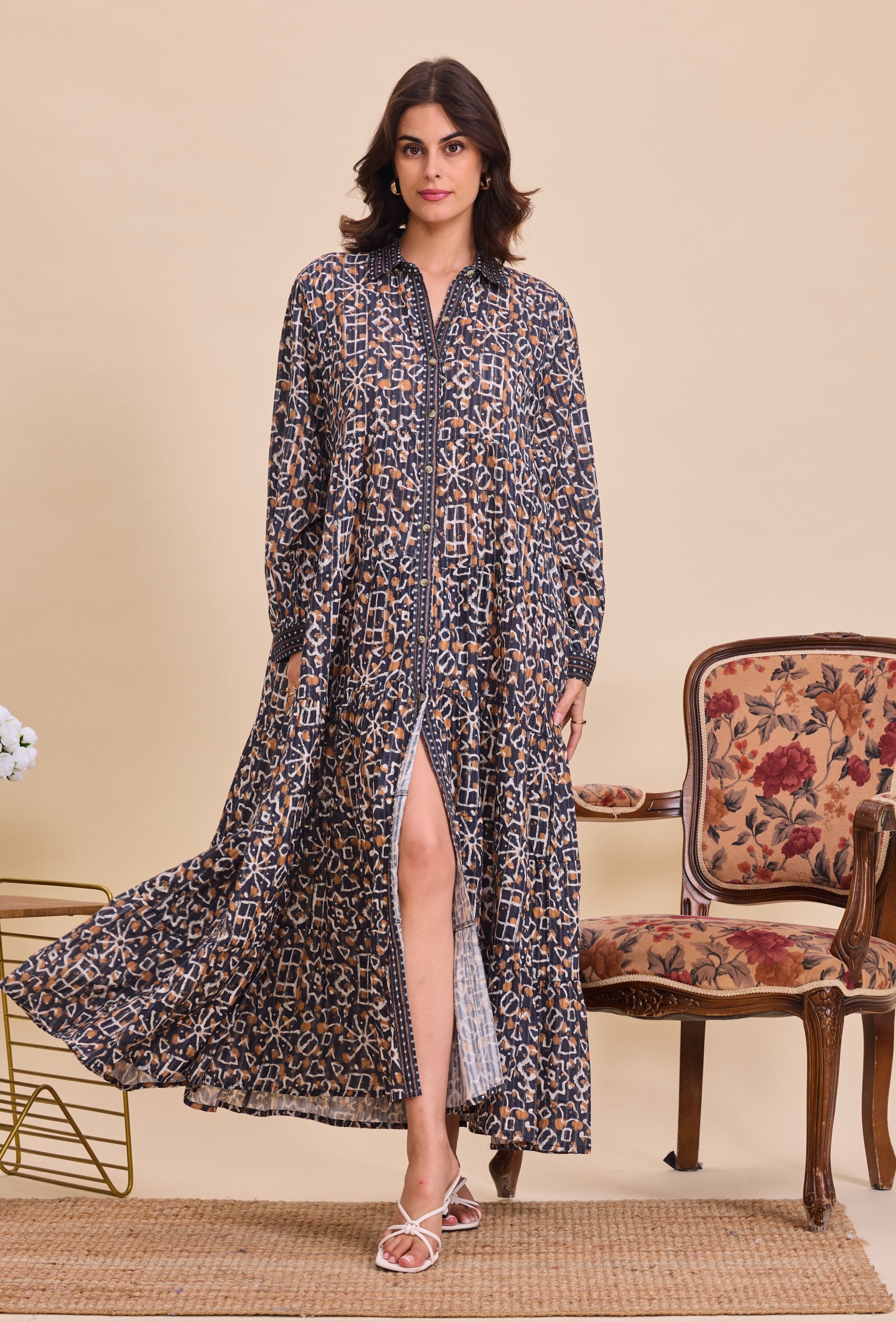 Bohemian style long shirt dress in printed cotton - One size