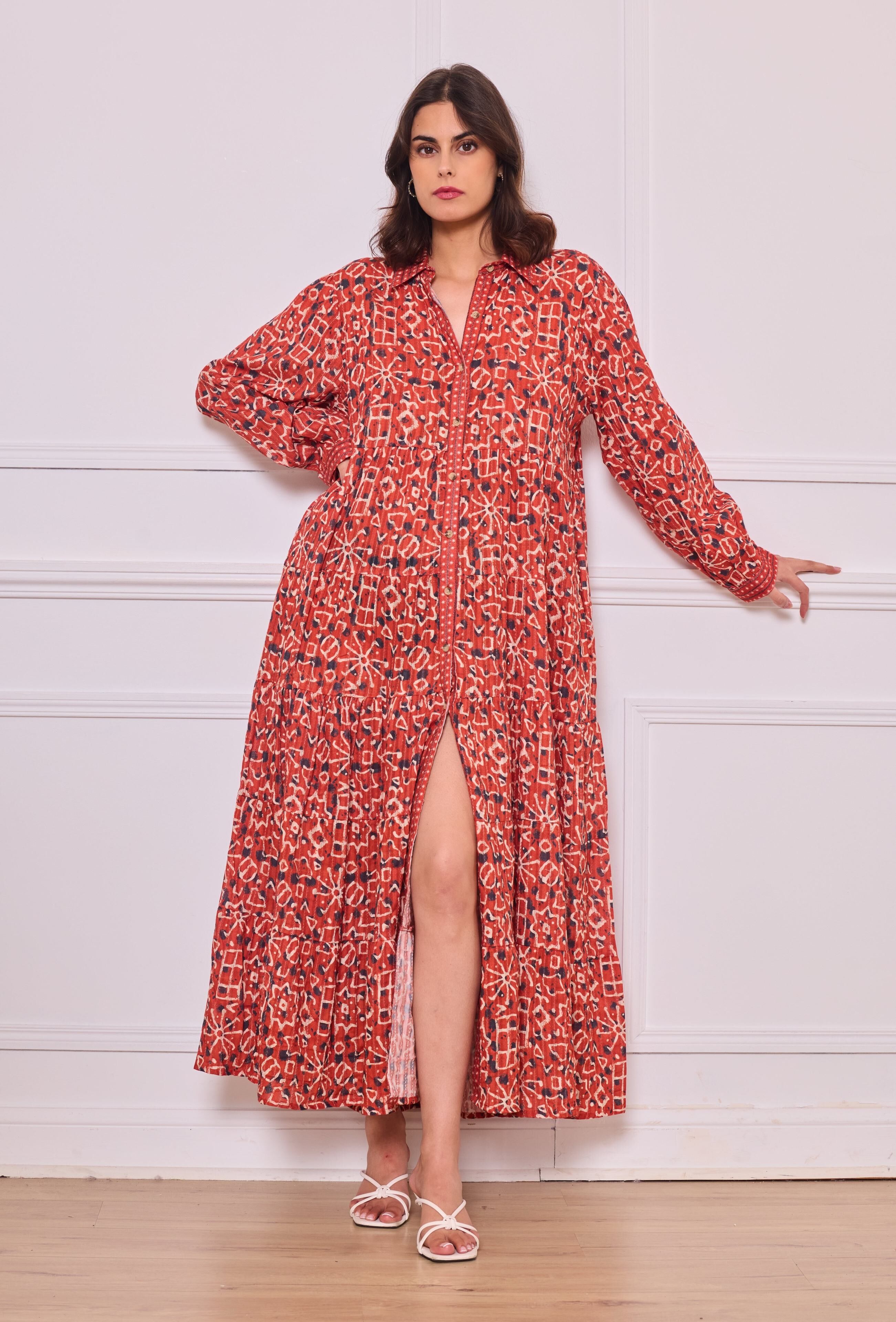 Bohemian style long shirt dress in printed cotton - One size