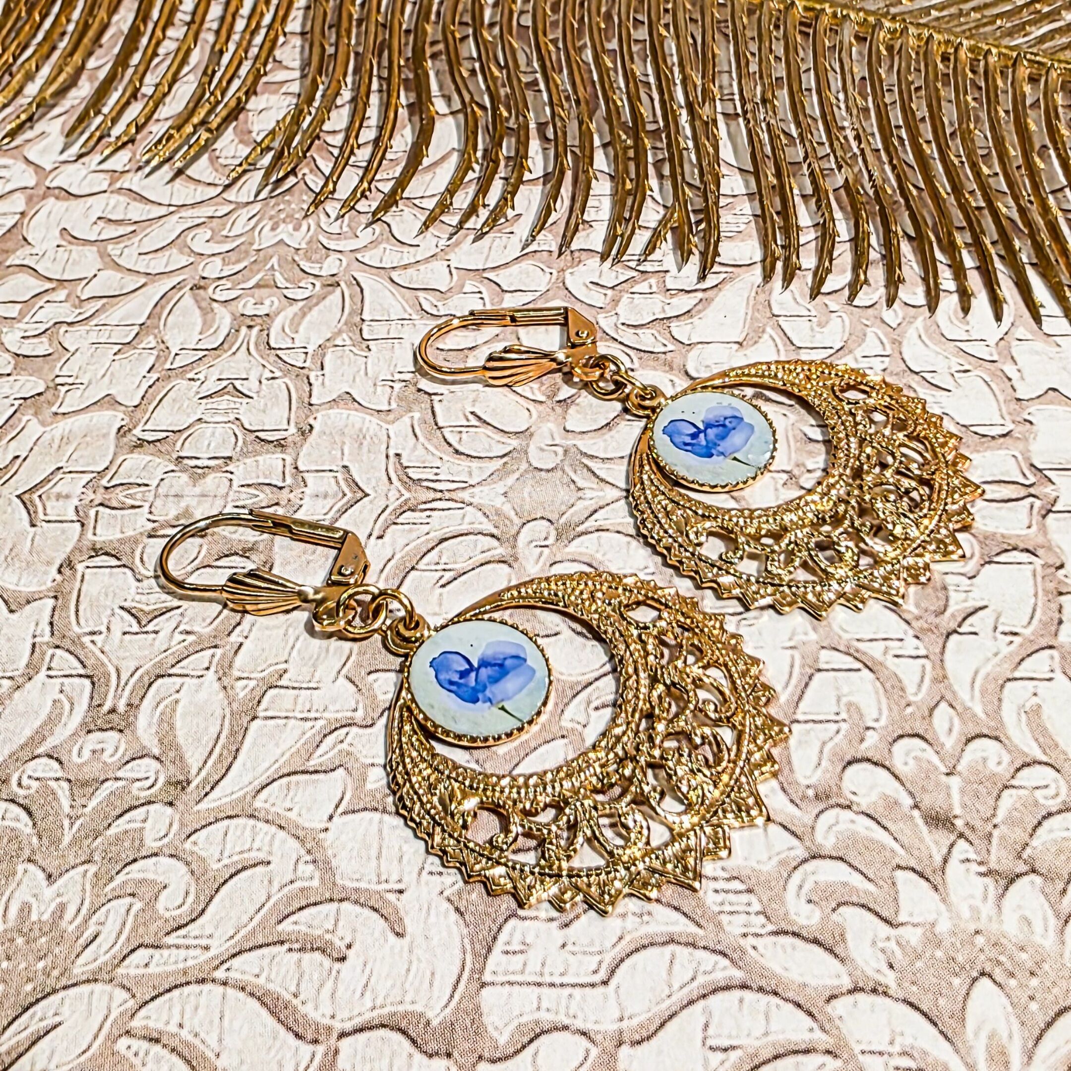 Boucles boheme chic fleur bleue doré créole Fête des mères Cadeau Maman Cadeau Maîtresse Noël