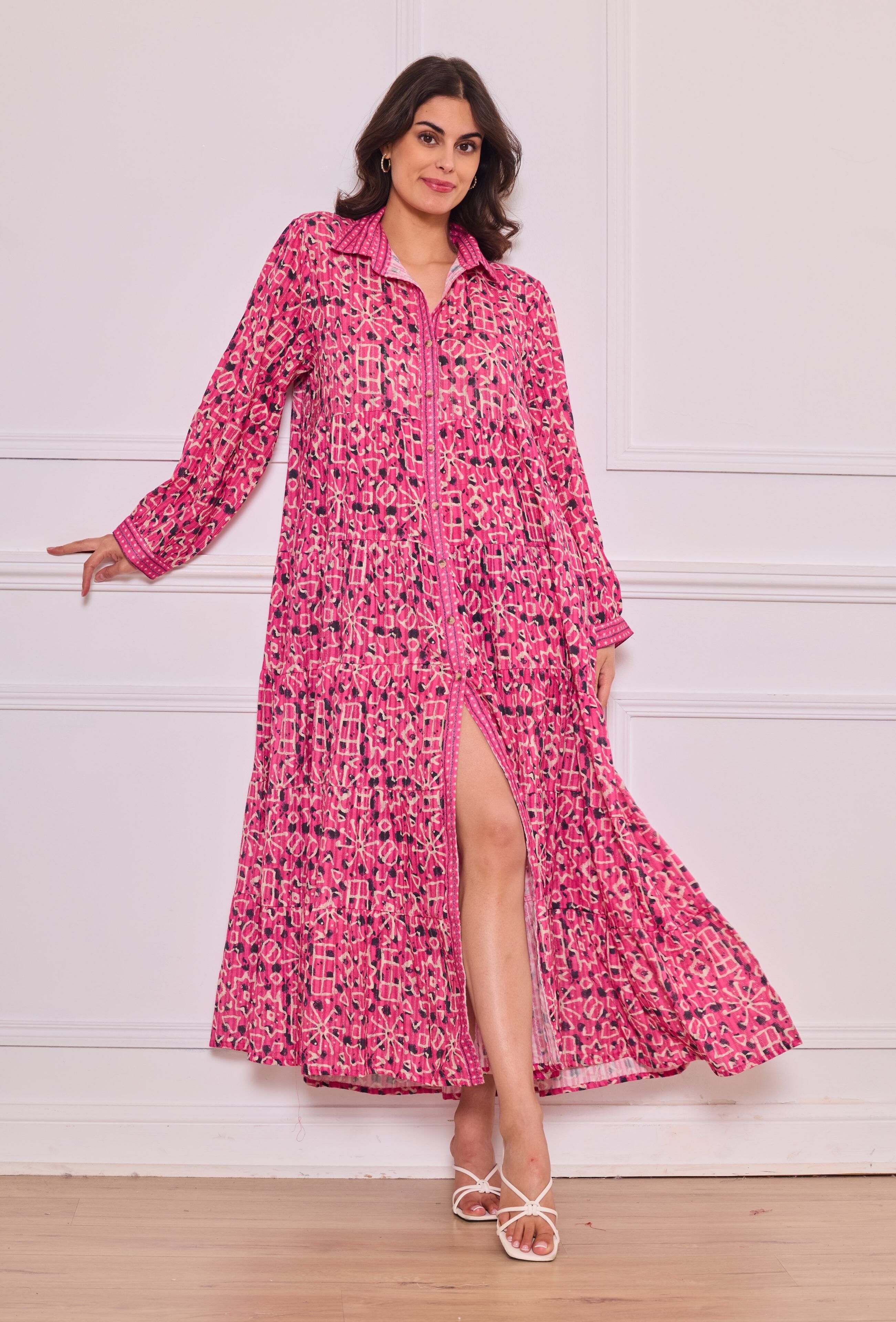 Bohemian style long shirt dress in printed cotton - One size