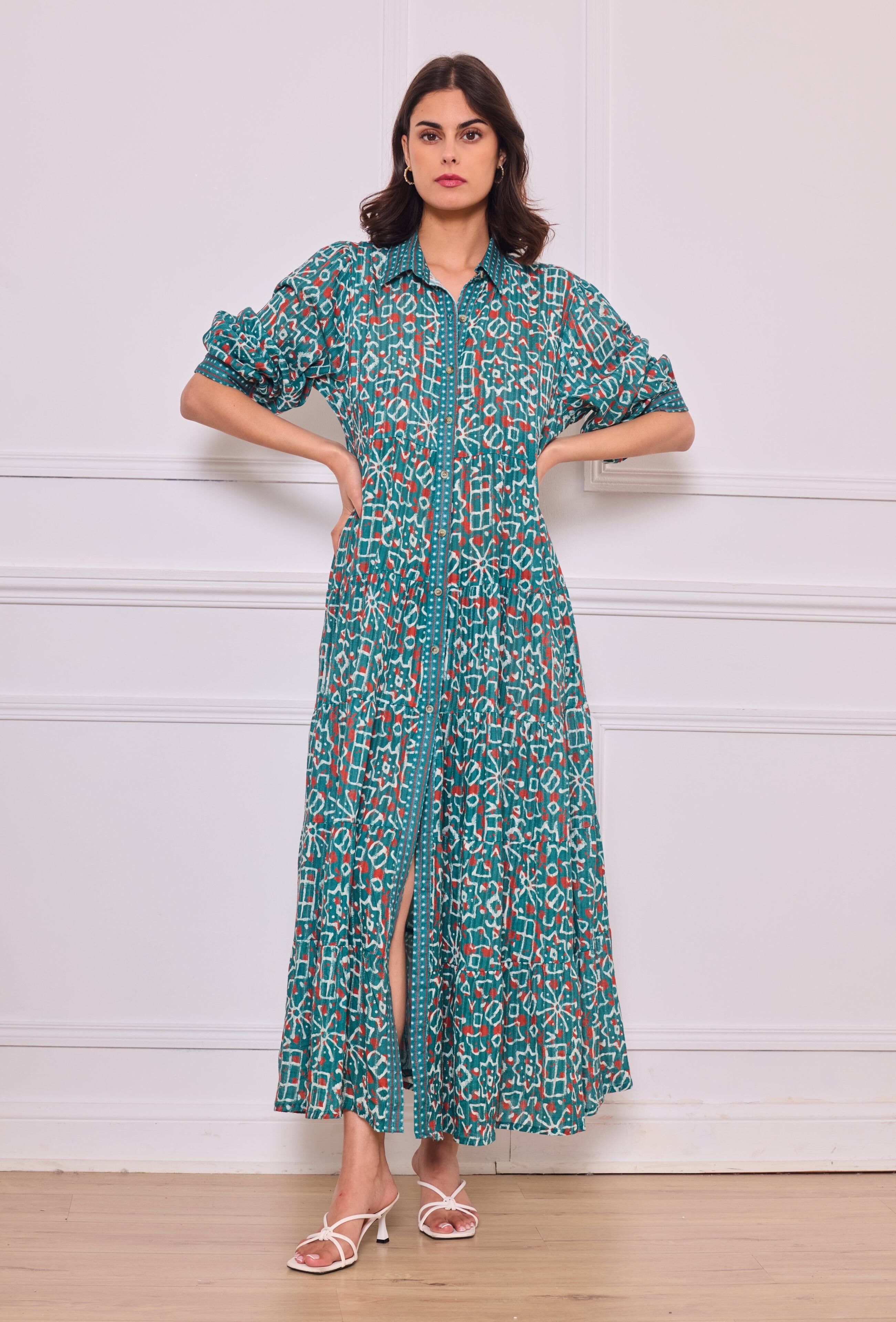 Bohemian style long shirt dress in printed cotton - One size