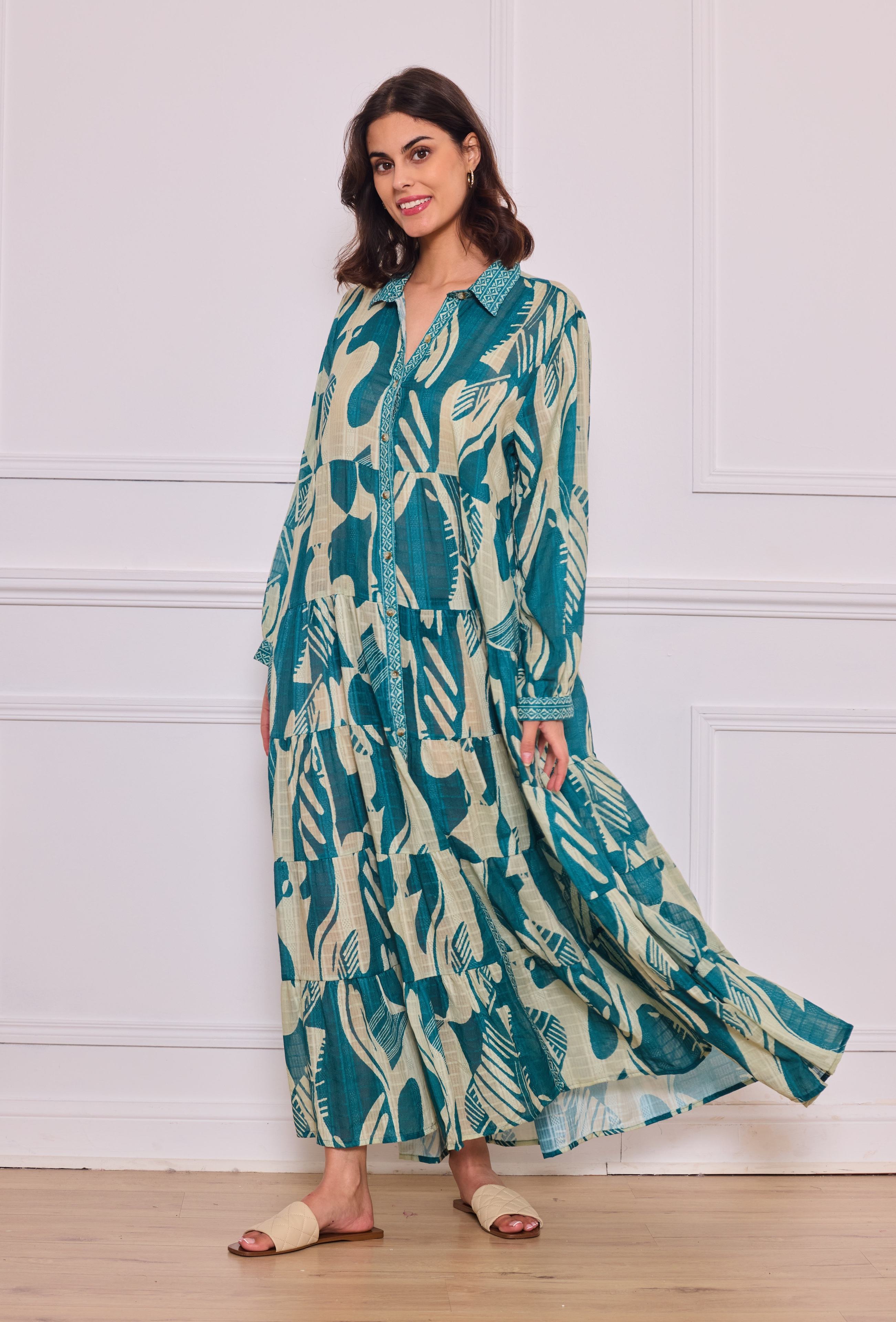 Bohemian style long shirt dress in printed cotton - One size