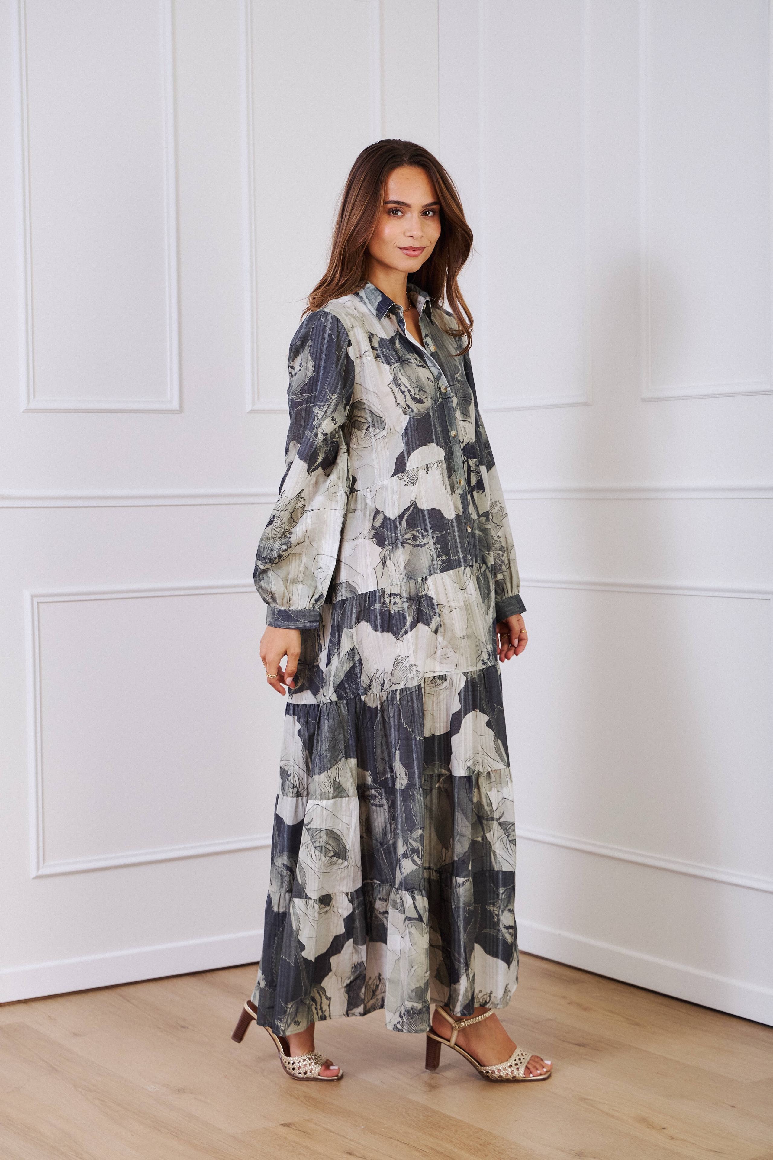 Bohemian style long shirt dress in printed cotton - One size