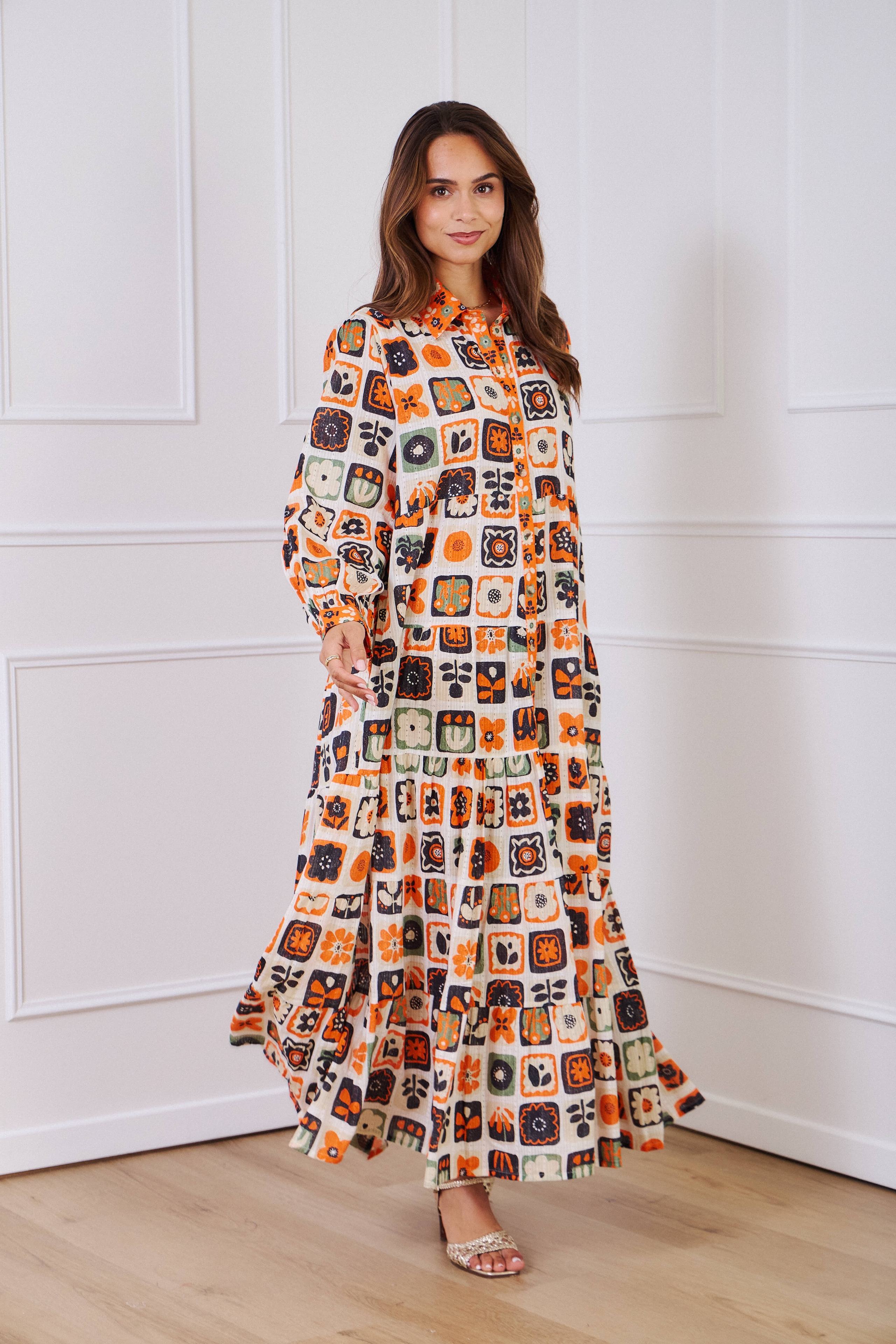 Bohemian style long shirt dress in printed cotton - One size