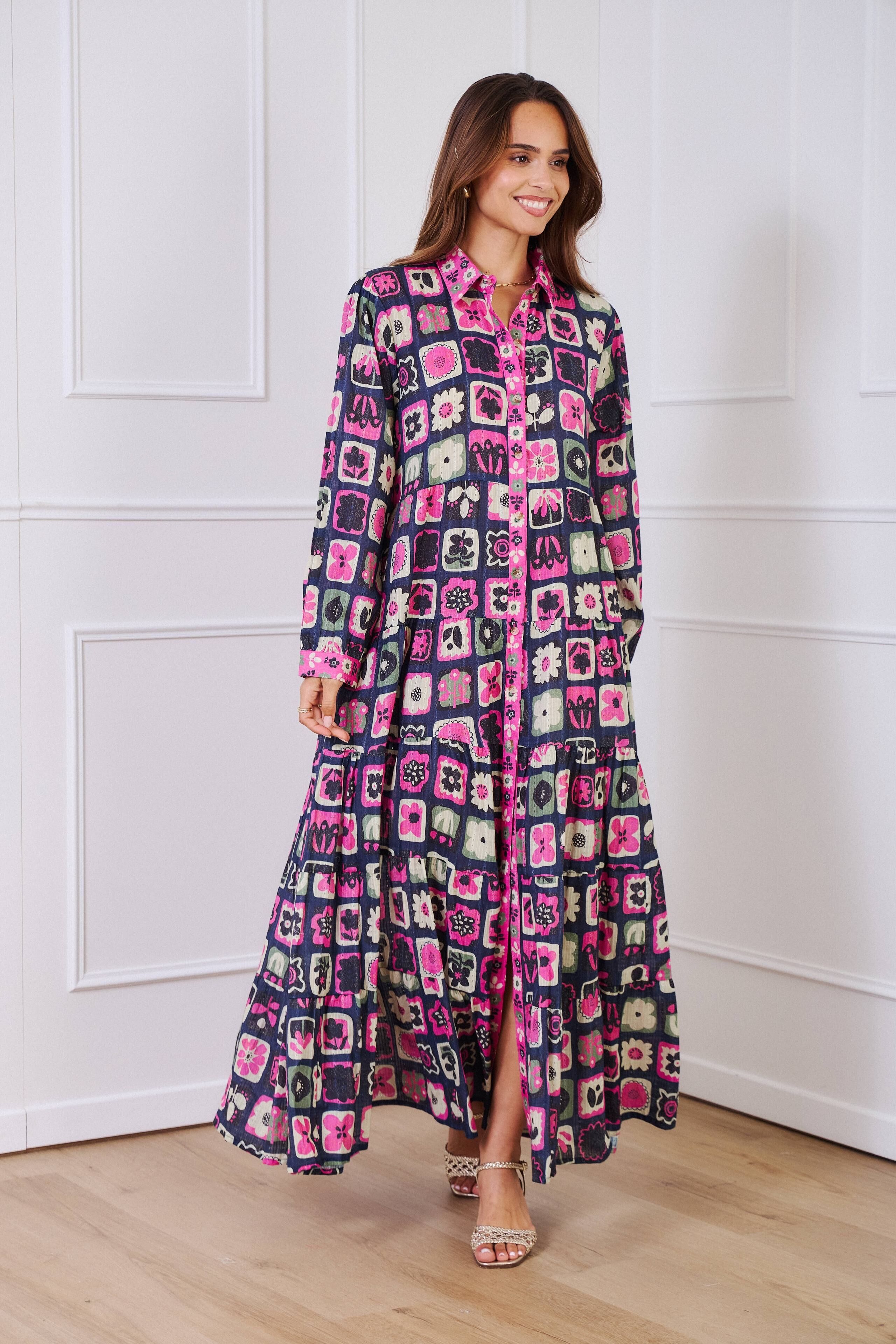 Bohemian style long shirt dress in printed cotton - One size