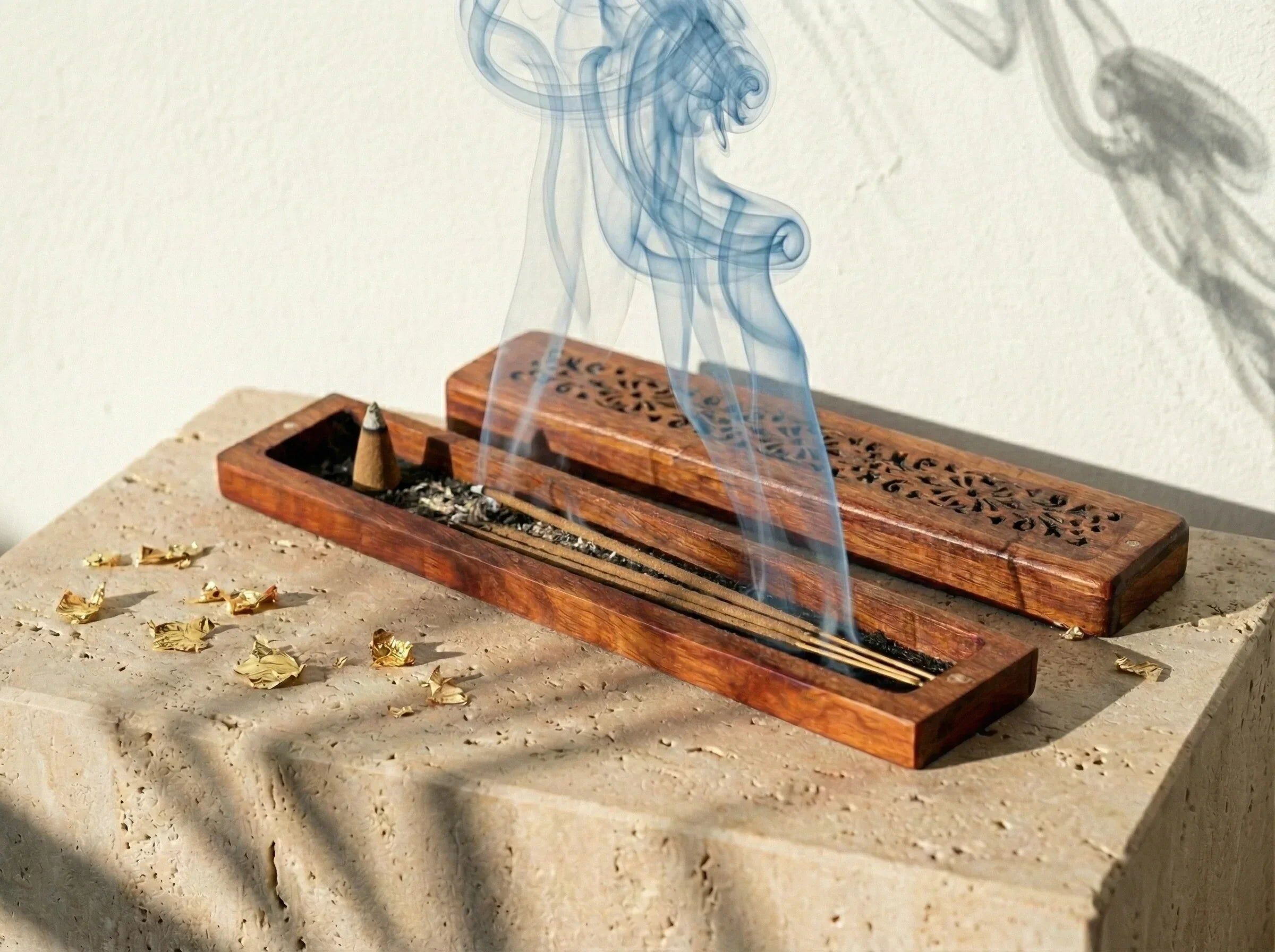 Carved Wooden Incense Holder - Security, Swirls & Wisdom