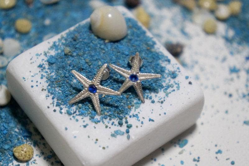 Starfish Earrings: Sterling Silver with Blue Zircon - Nature Inspired