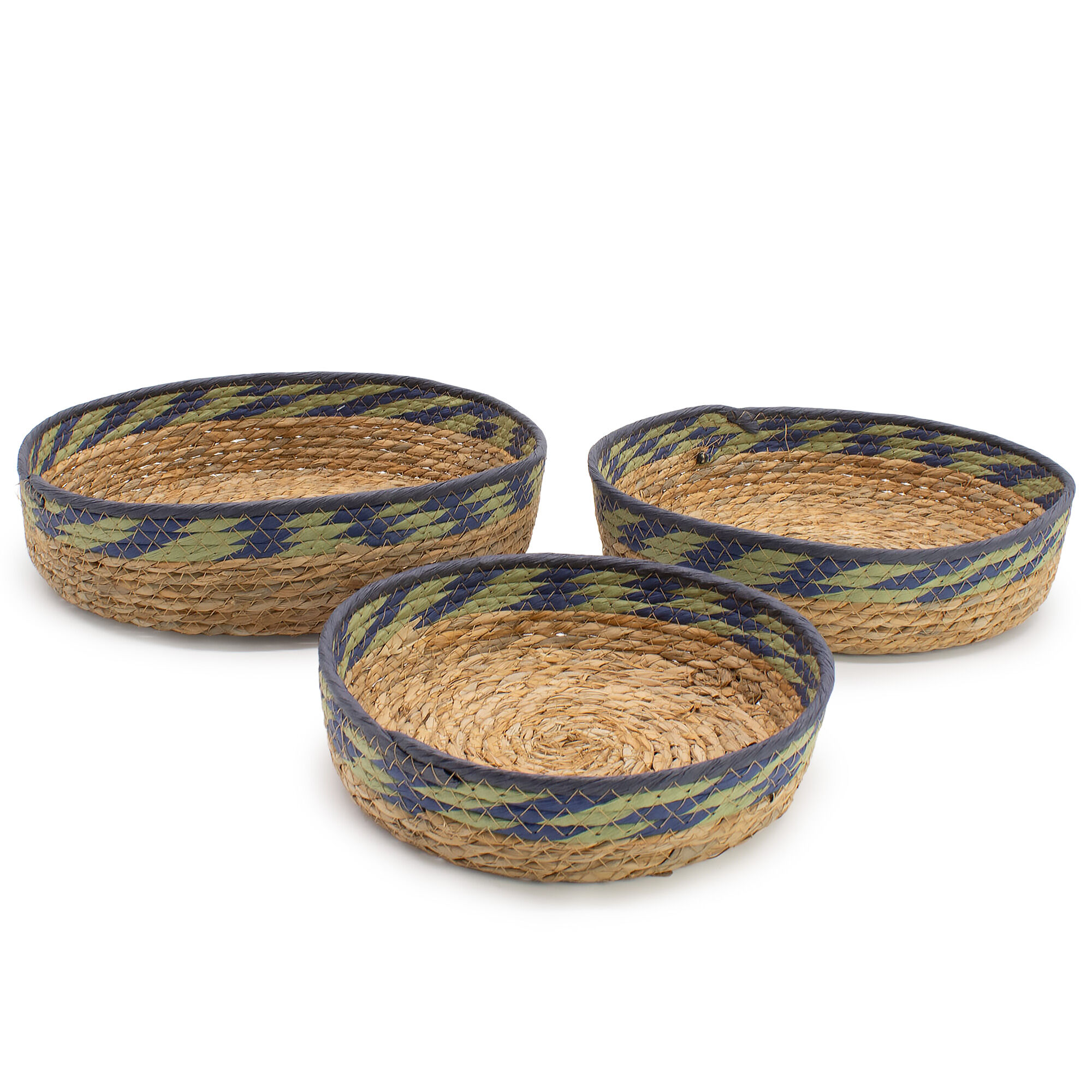 Large Straw and Seagrass Baskets - Natural Green and Blue - Set of 3