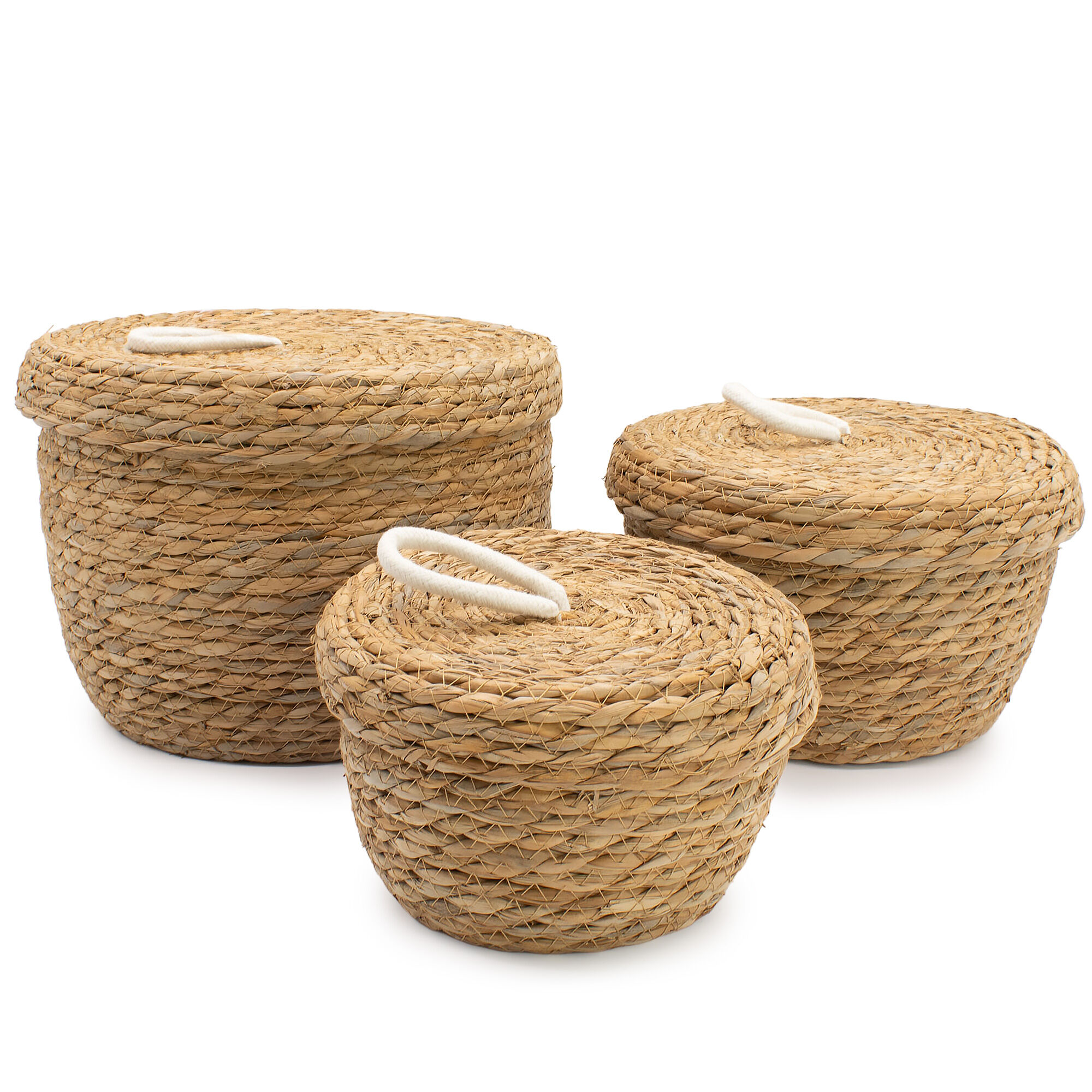 Round Seagrass and Cotton Baskets with Lids - Natural - Set of 3