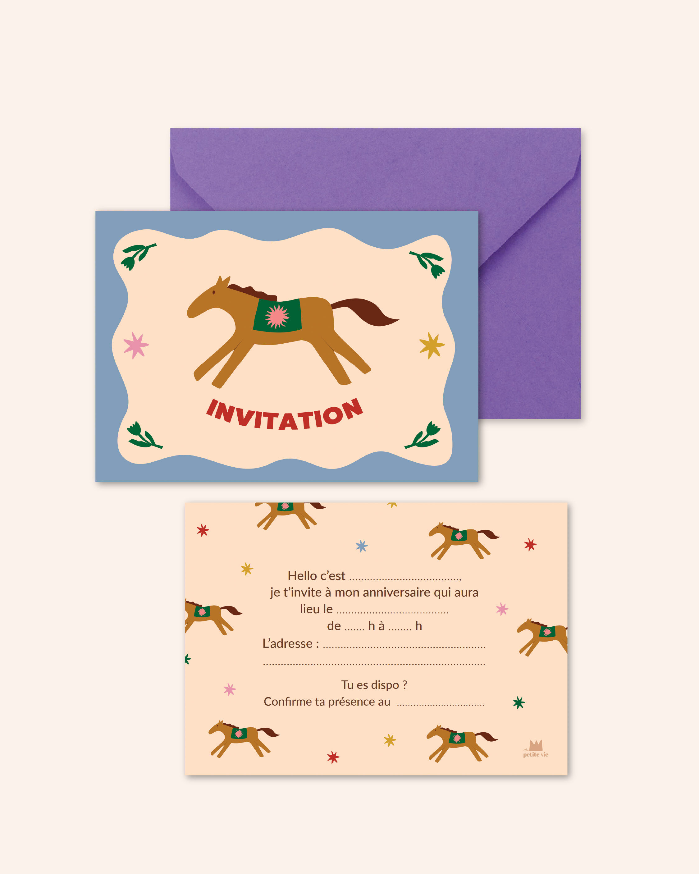 Lot de 6 cartons d'invitations anniversaires Poneys