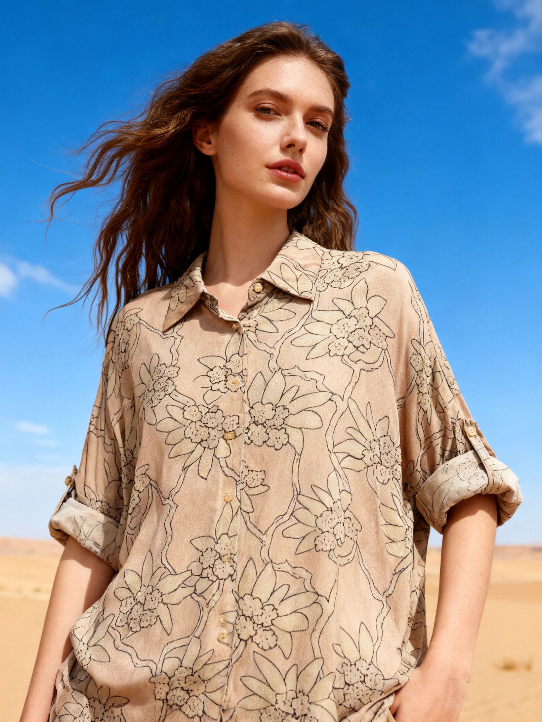 Flowy floral print shirt, flared cut, batwing sleeves