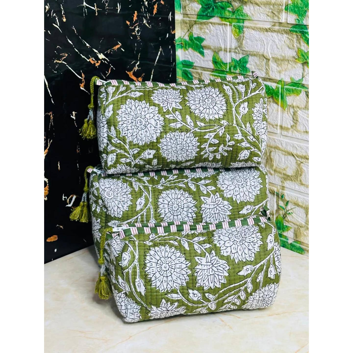 Quilted Hand-Block Print Toiletry Bag Set of 3, (5 Sets) Pouches, Cosmetic Bags, Makeup Bags, Gift Bags