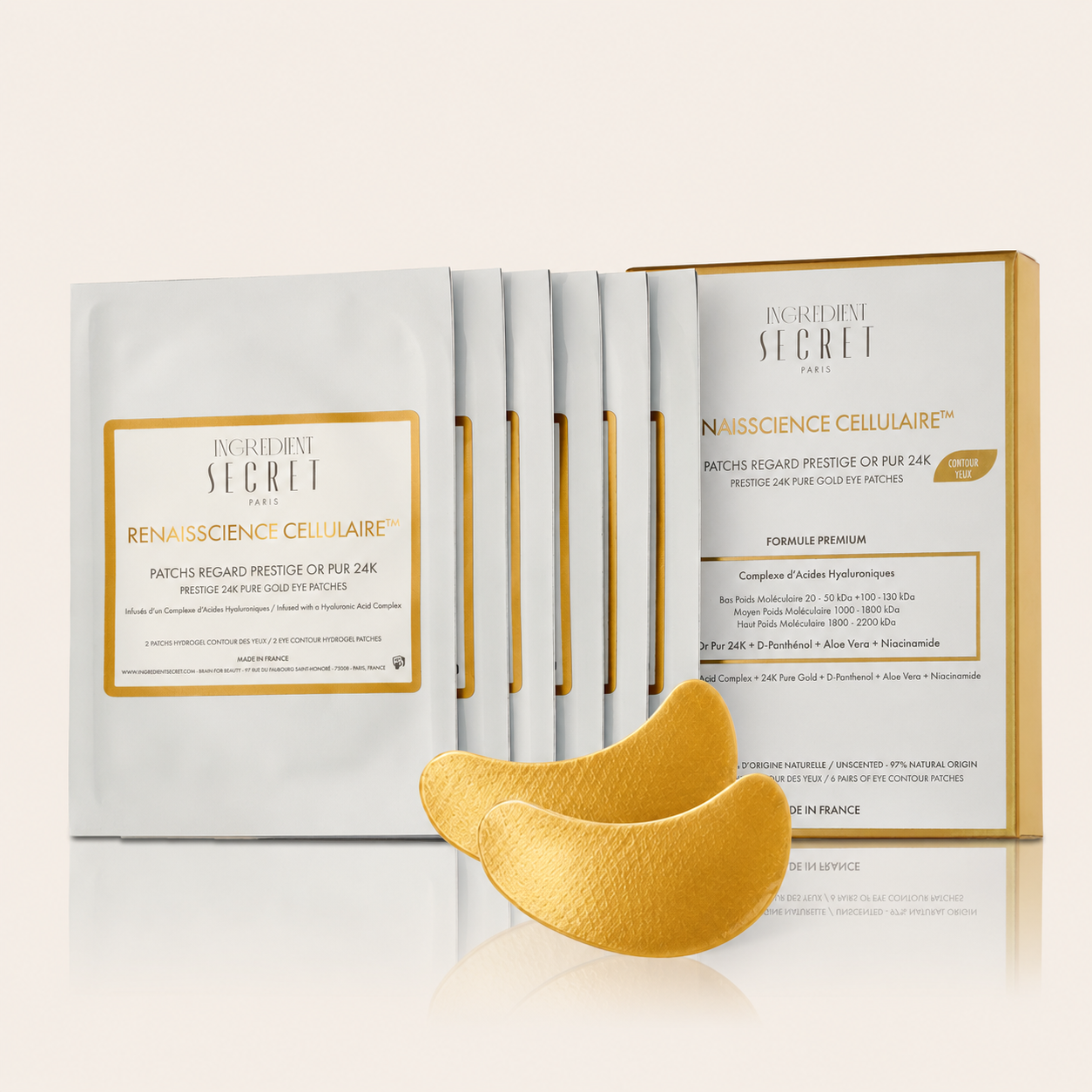 Parches de hidrogel para el contorno de ojos PRESTIGE con oro puro de 24 quilates – Hechos en Francia (1 caja – 6 pares)