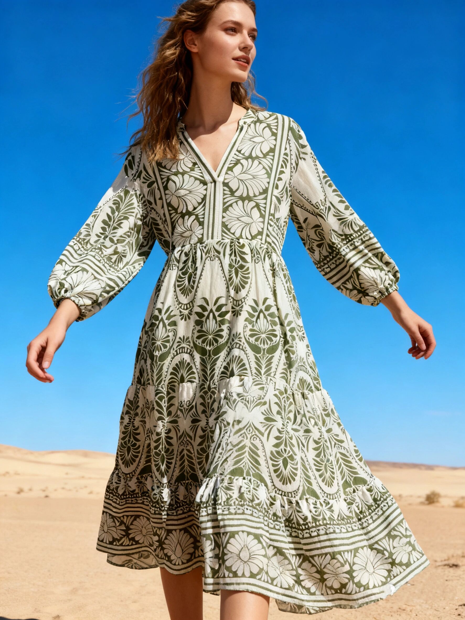 Long dress, V-neck, flared cut with invisible pockets