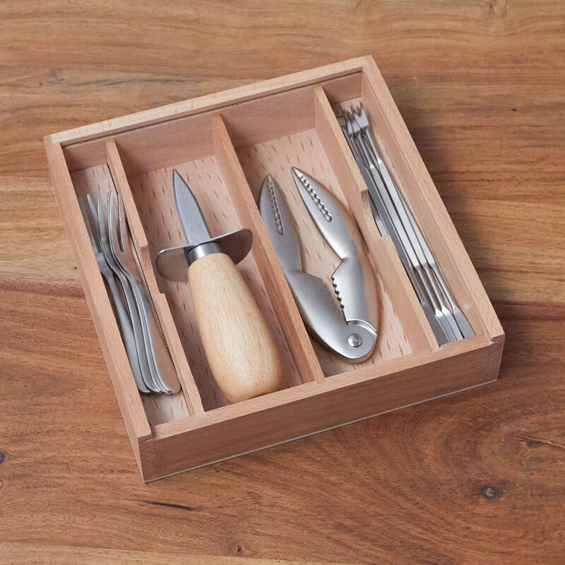 Set da 12 pezzi per frutti di mare in scatola di legno con coperchio in acrilico