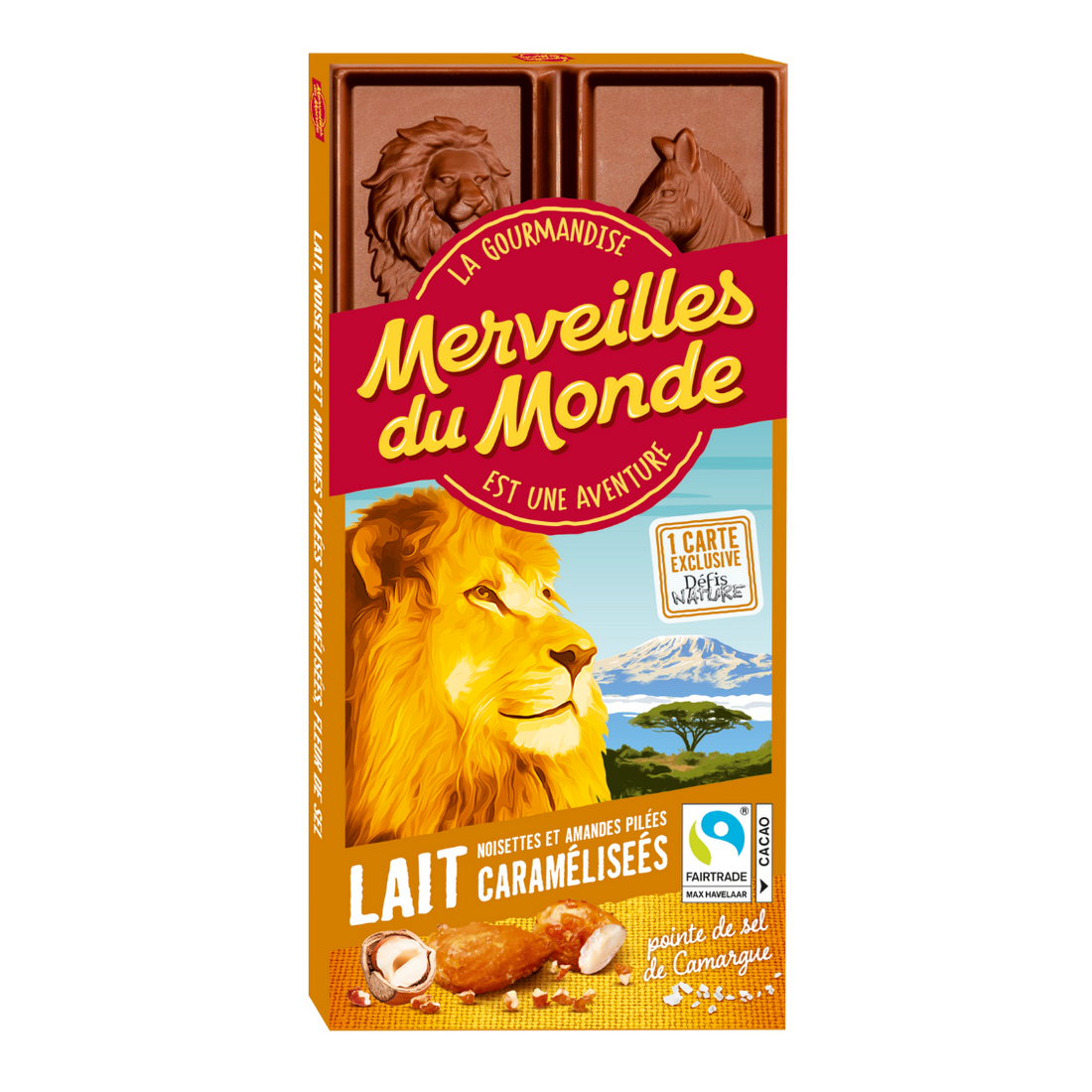 Milk chocolate bar with caramelized crushed hazelnuts and almonds, a hint of salt - 100g