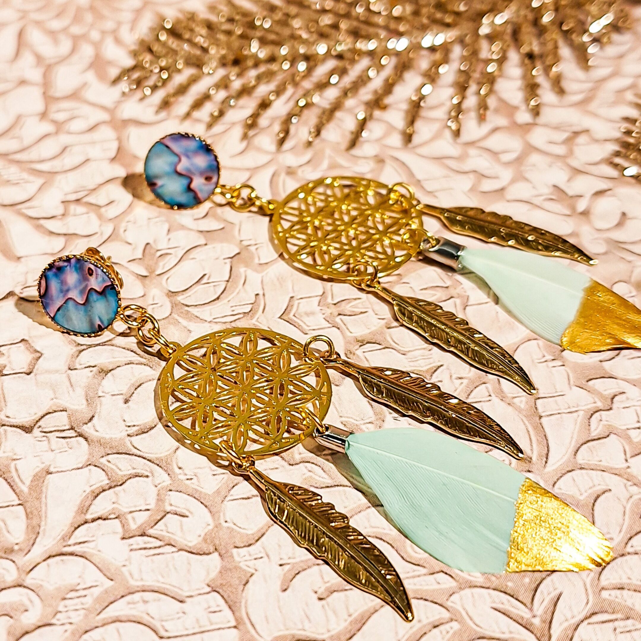 Boucles fleurs de vie attrape rêve plume motif nacré Fête des mères Cadeau Maman Cadeau Maîtresse Noël