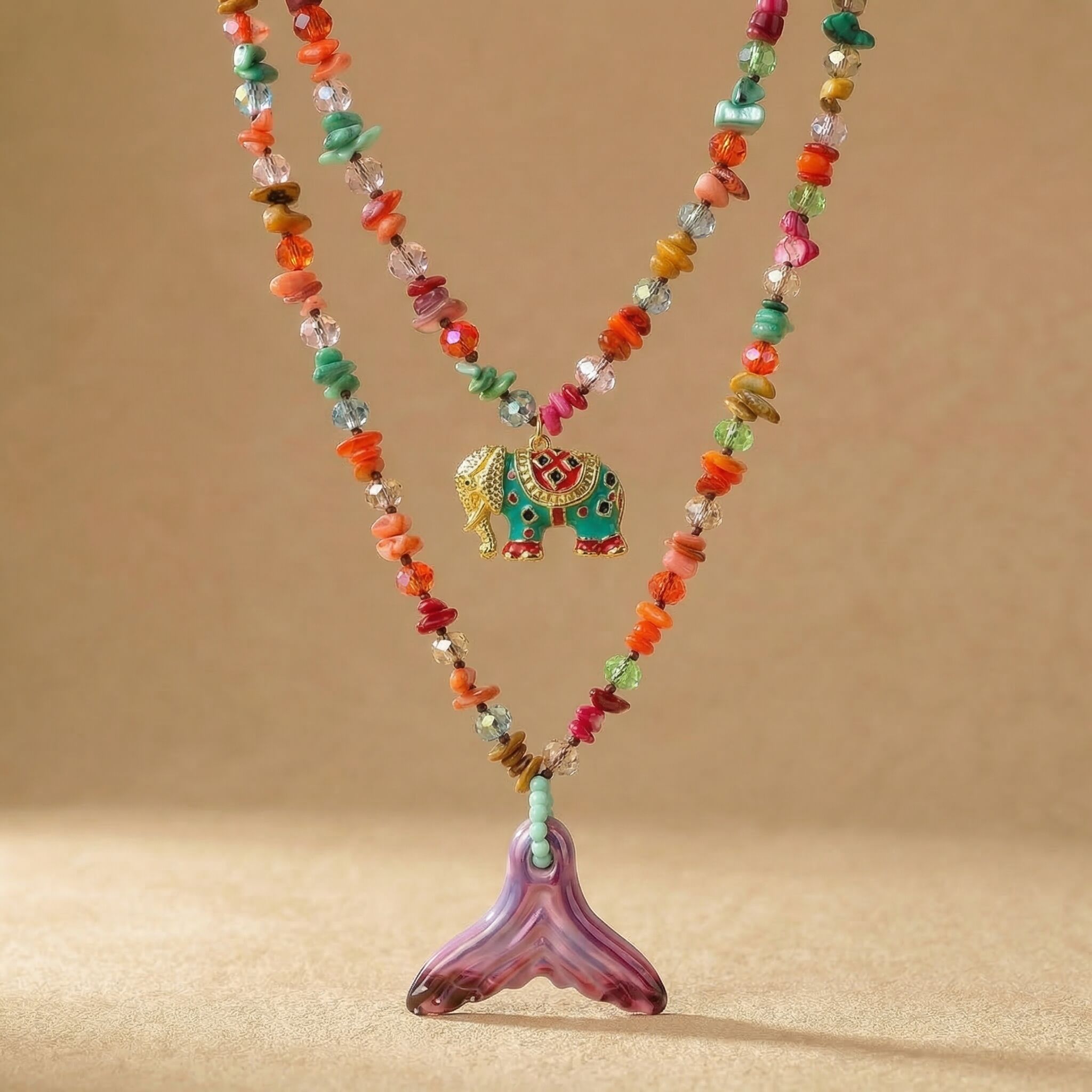 Elephant Charm and Mermaid Tail Beaded Necklace