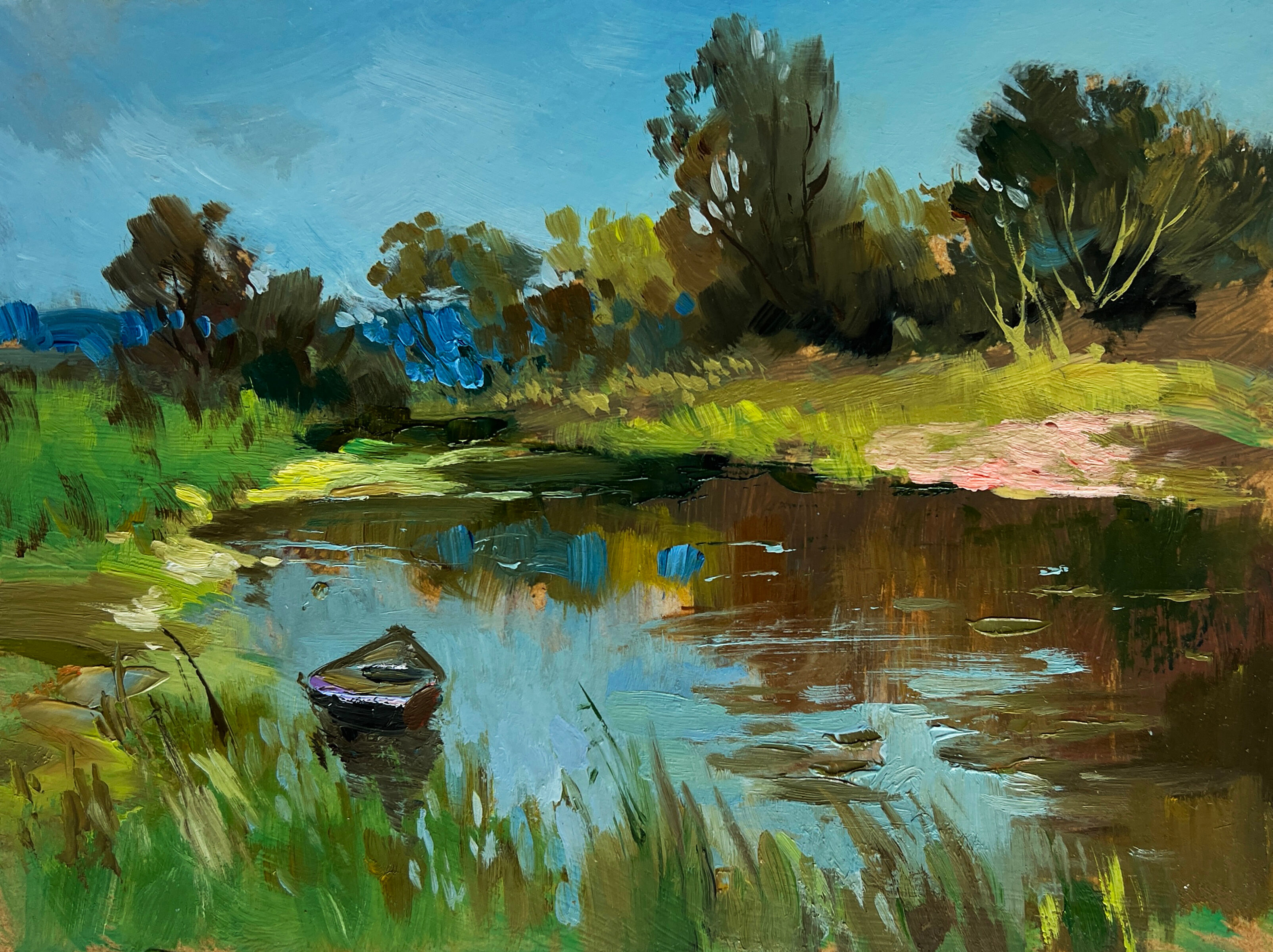 Dipinto ad olio "Estate tra le rive verdi" di Yuriy Suprunchuk, 15x20 cm.