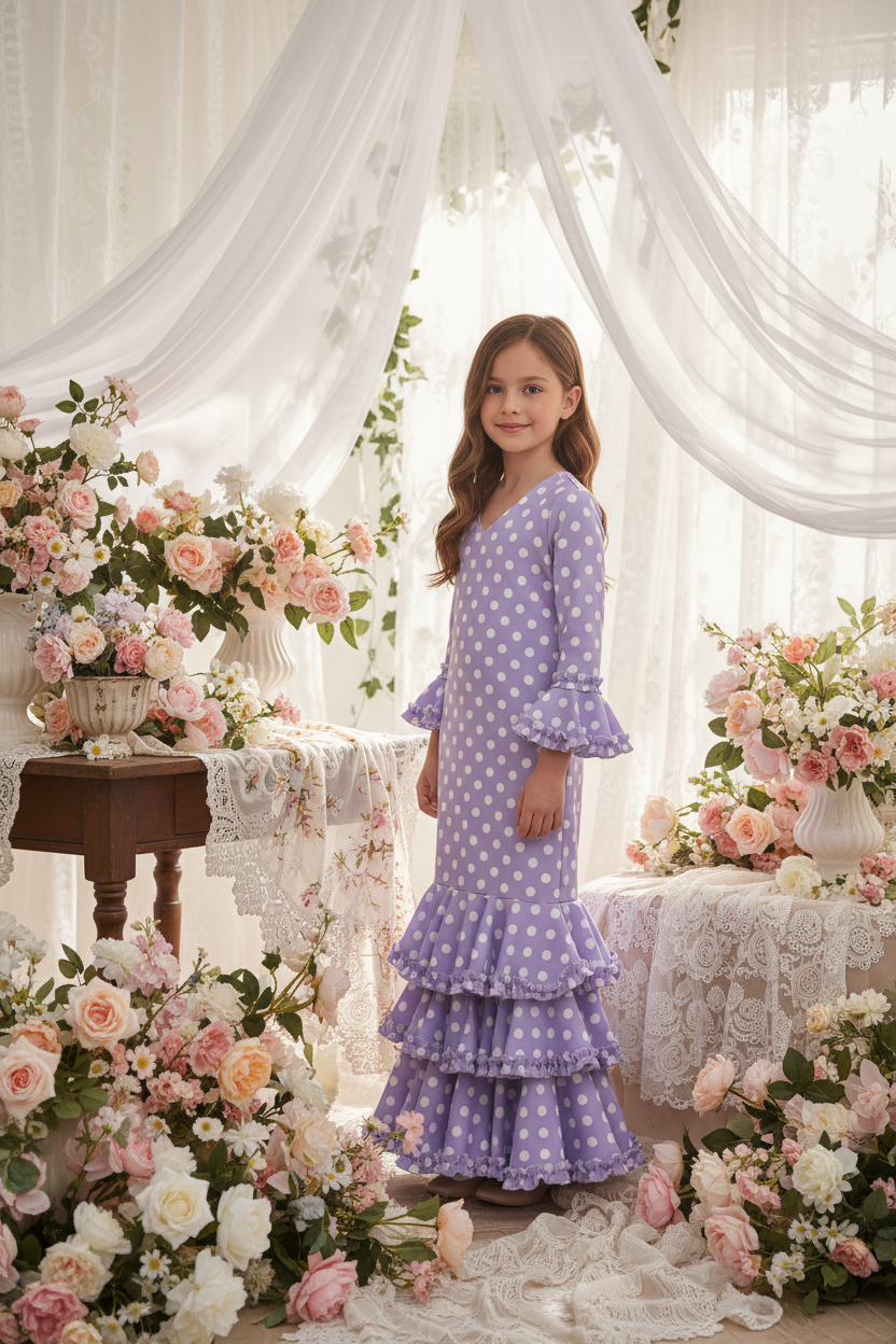 Traje Flamenca Sevillana Niña Premium Licra | Falda Sirena Triple Volante | Mangas Acampanadas con Volantes | Made in Italy | Vestido de Flamenca para Fiestas | KL-502 - KL-502  - LILA CON LUNARES BLANCOS
