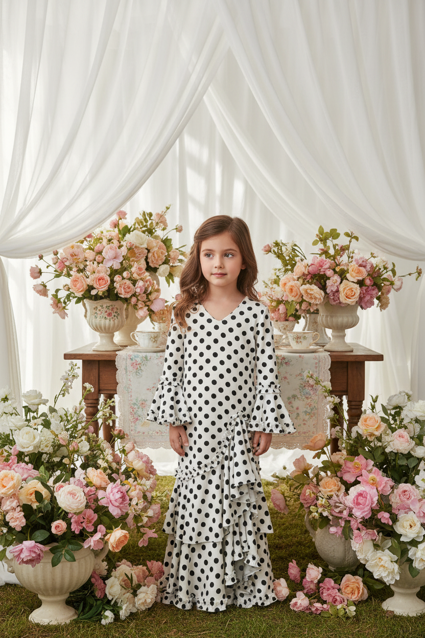 Traje Flamenca Sevillana Niña Premium Licra | Falda Sirena Volantes Múltiples | Made in Italy | Vestido de Flamenca para Fiestas |  KL-501 LILA CON LUNARES BLANCOS - KL-501  - BLANCO CON LUNARES NEGROS