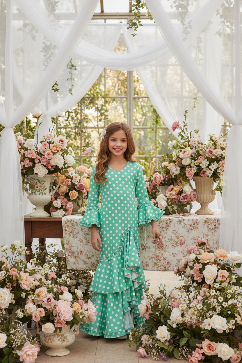 Hochwertiges Flamenco-Kleid für Mädchen aus Lycra | Meerjungfrauen-Rock mit vielen Rüschen | Hergestellt in Italien | Flamenco-Partykleid | KL-501 LILA MIT WEISSEN PUNKTEN - KL-501 GRÜN MIT WEISSEN PUNKTEN