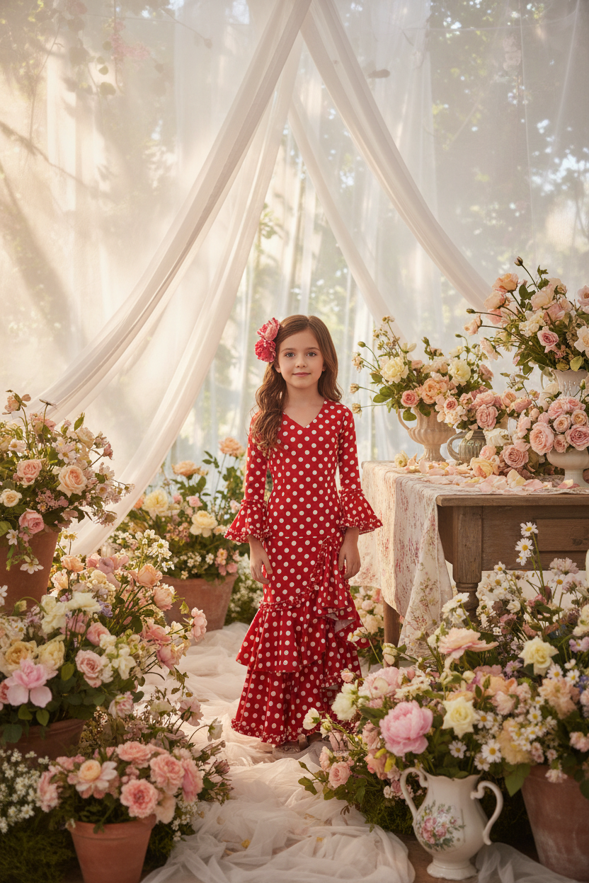 Hochwertiges Flamenco-Kleid für Mädchen aus Lycra | Meerjungfrauenrock mit vielen Rüschen | Hergestellt in Italien | Flamenco-Partykleid | KL-501 LILA MIT WEISSEN PUNKTEN - KL-501 - ROT MIT WEISSEN PUNKTEN