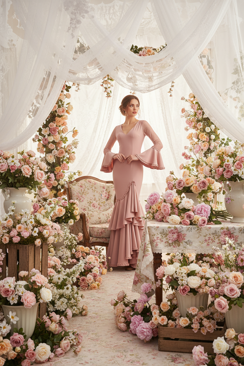 Robe de flamenco haut de gamme en lycra | Jupe sirène à volants multiples | Fabriquée en Italie | Robe de soirée flamenco | EM223 ROSE MAUVE