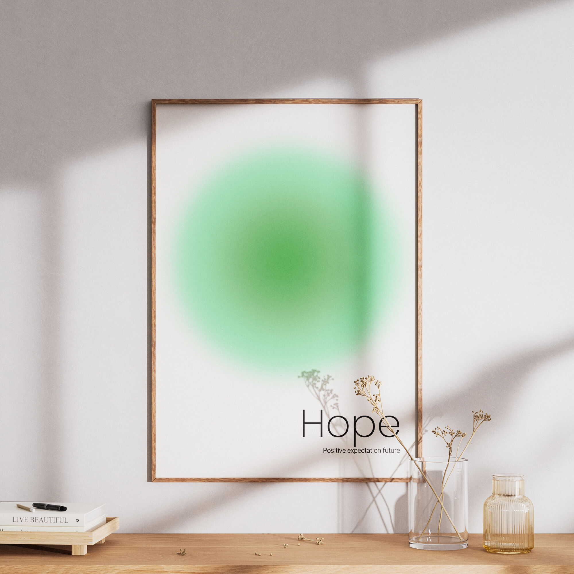 Affiche décorative minimaliste vert dégradé avec texte "Hope" design moderne épuré
