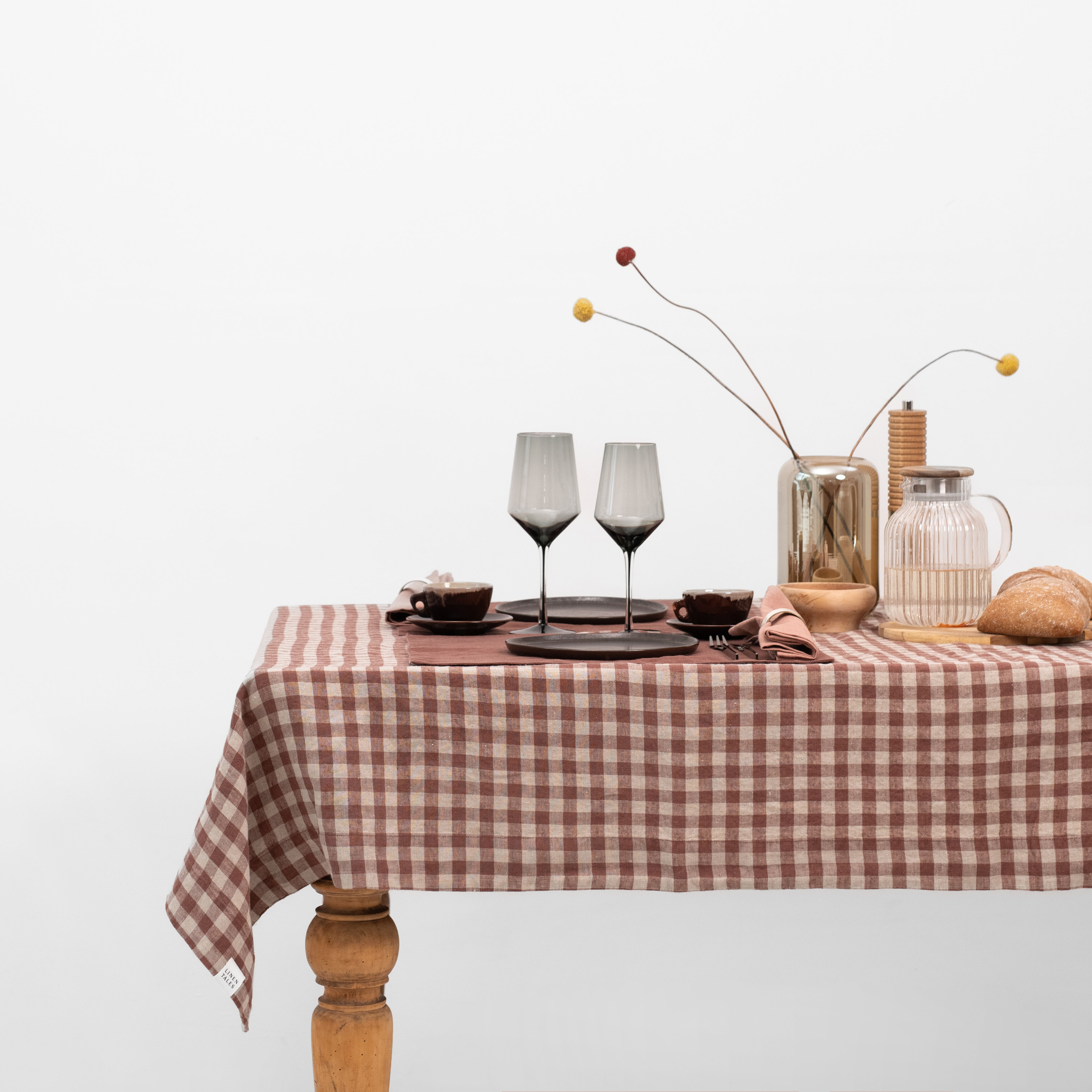 Chocolate Gingham Linen Tablecloth