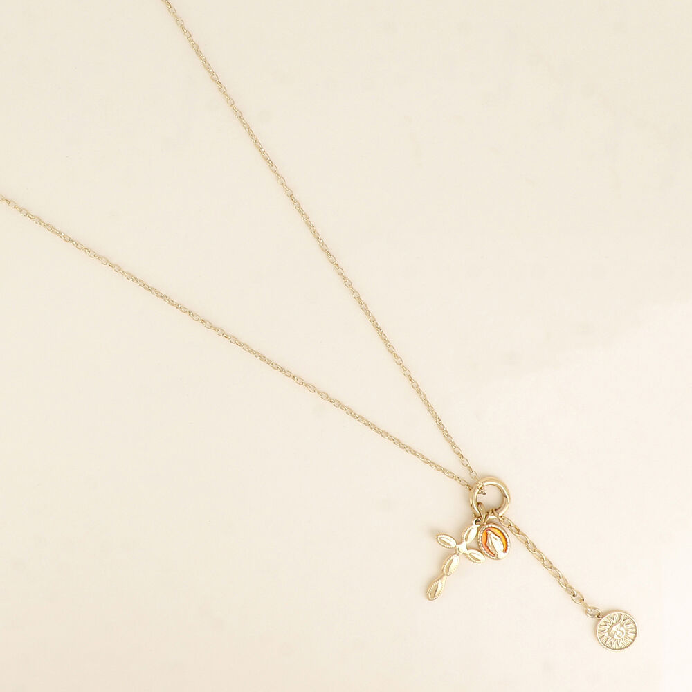 Sautoir - anneau et pendentif croix, la Madone en émail, soleil