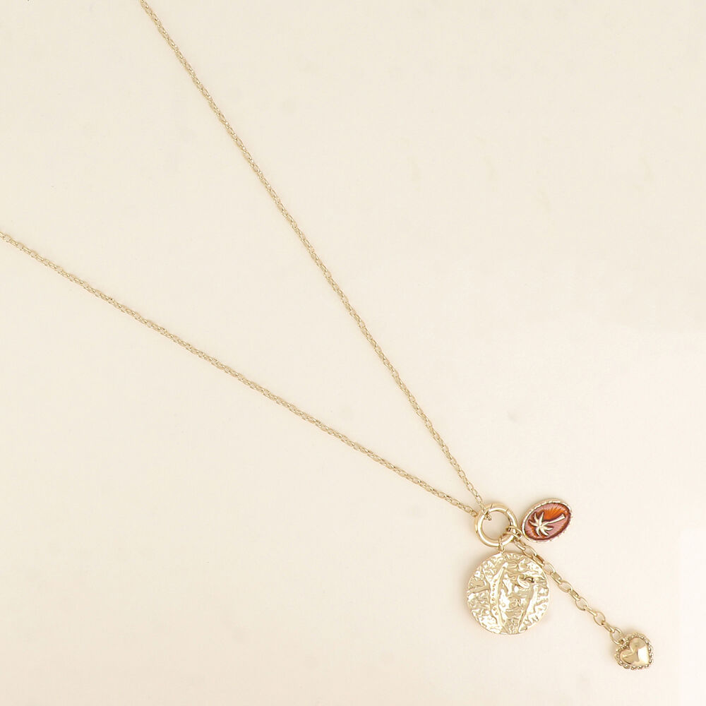 Sautoir - anneau et pendentif Palmier en émail, médaillon rond texturé et coeur