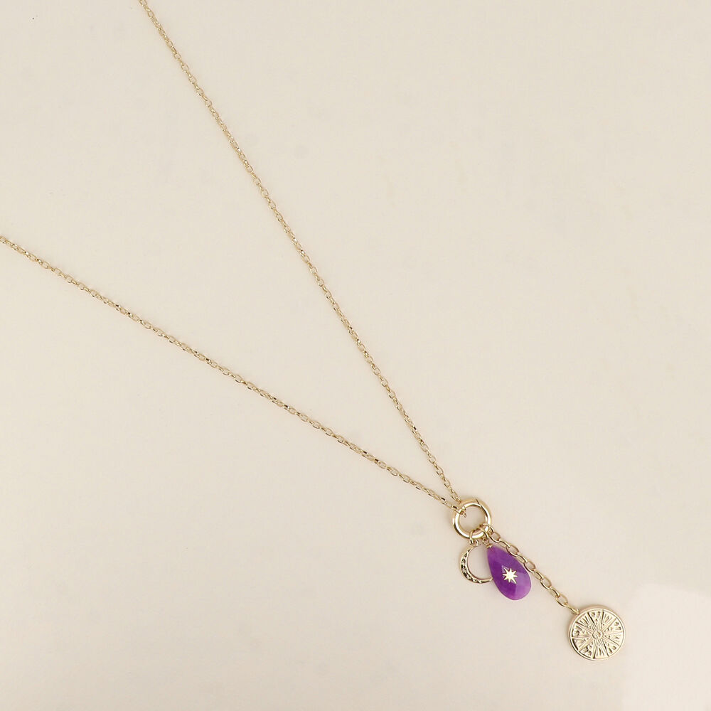 Long necklace - ring and galactic medallion pendant, natural teardrop stone with star and crescent moon