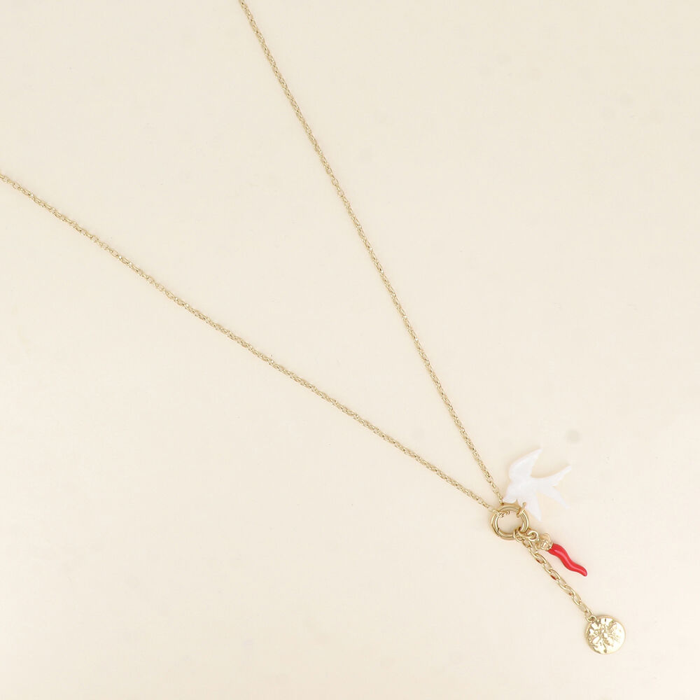 Sautoir - anneau avec breloques (oiseau en résine, piment émaillé, médaillon abeille)