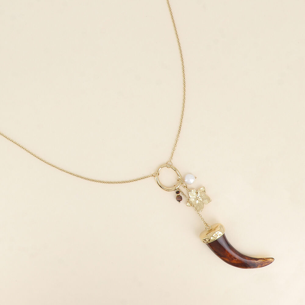Long necklace - freshwater pearl, flower, sun and resin horn