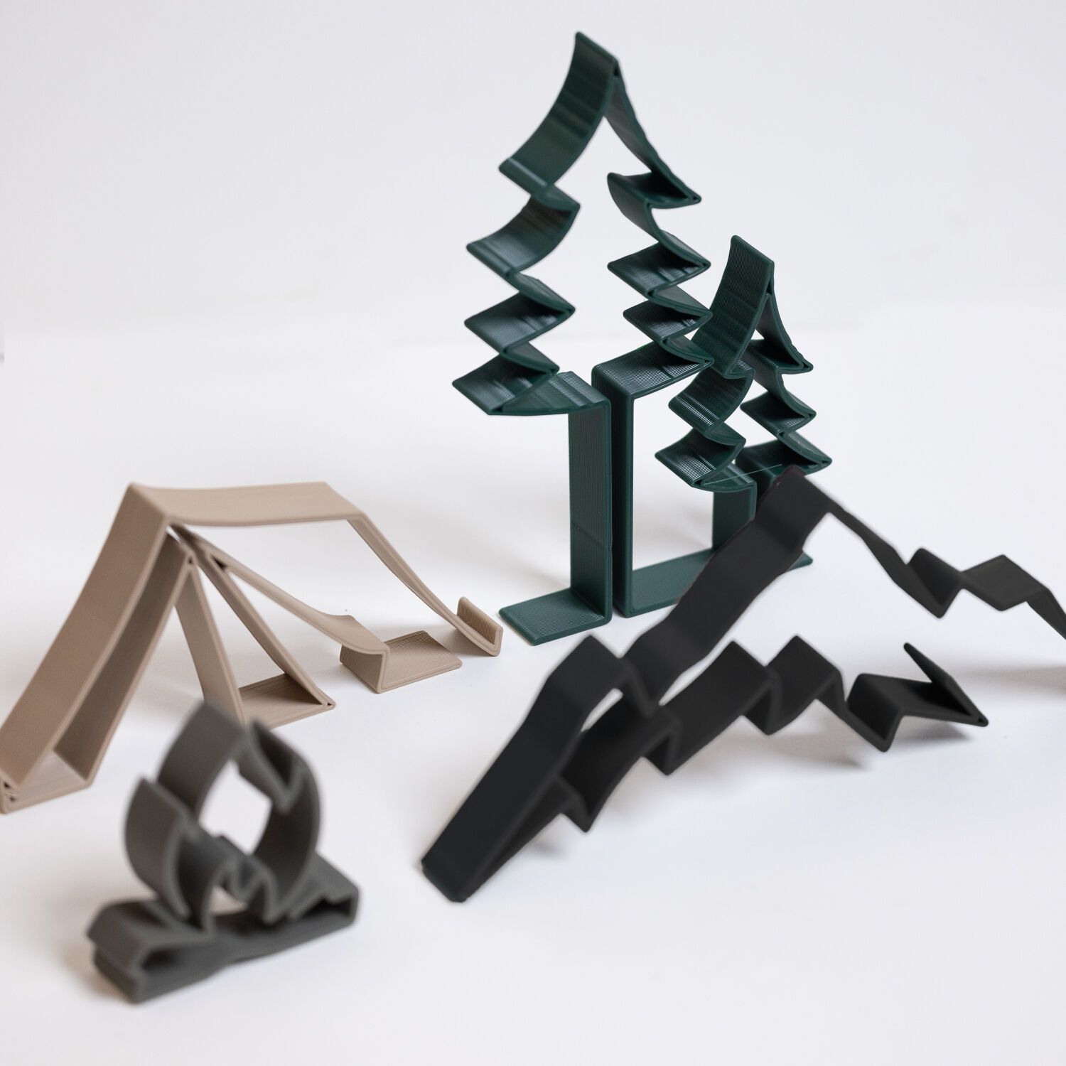 Camping Wall Decor – Minimalist 3D Printed Silhouettes – Tent, Mountain, Campfire and Fir Trees – Nature Chalet Decor
