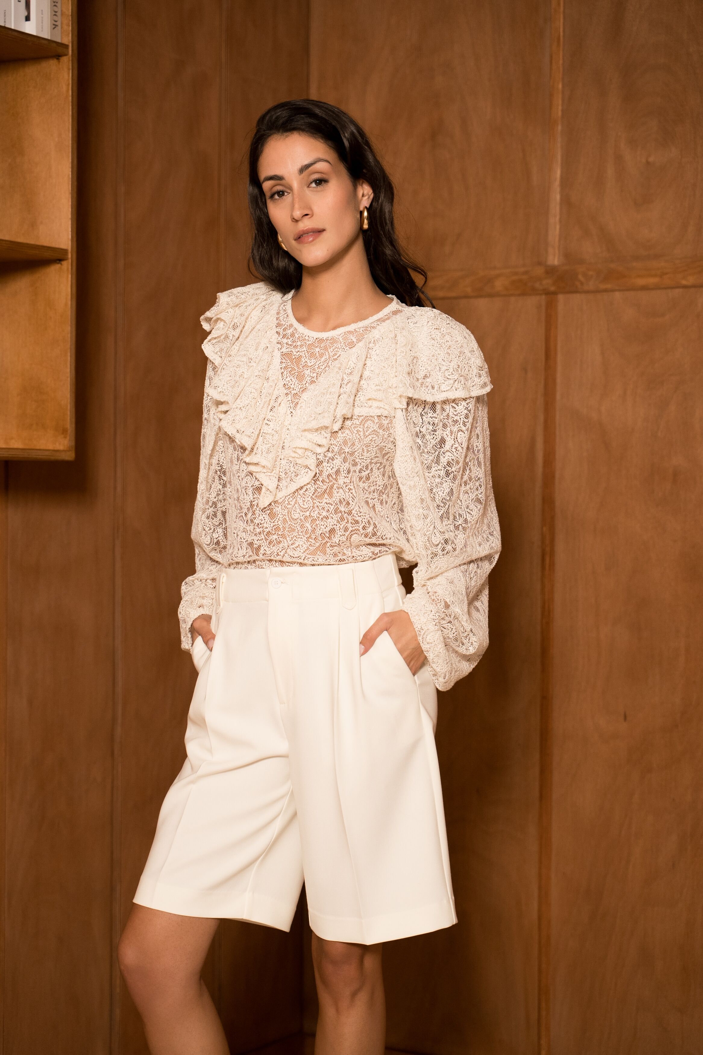 Lace blouse with ruffled collar