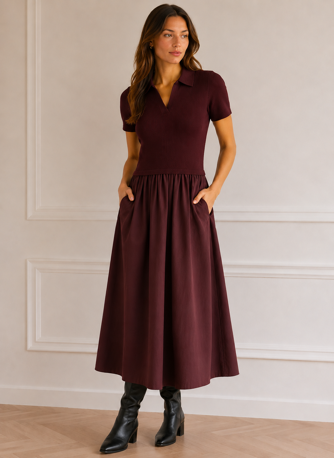 Two-tone taffeta dress with short sleeves and polo collar
