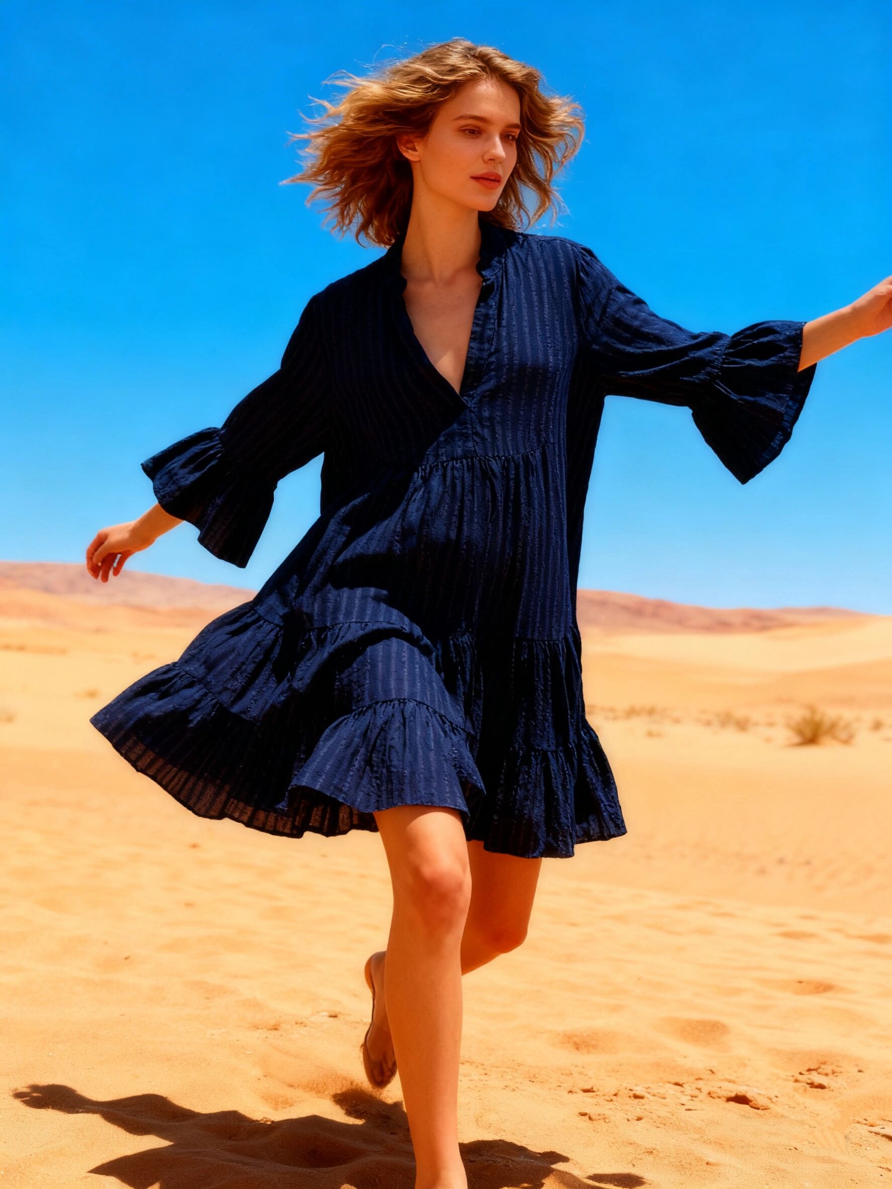 Mid-length tunic dress, flared cut with gathers, textured fabric