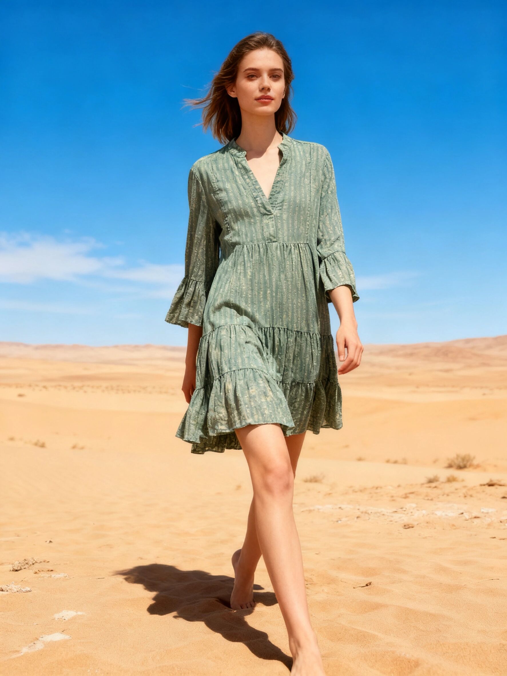 Mid-length tunic dress, flared cut with gathers, textured fabric