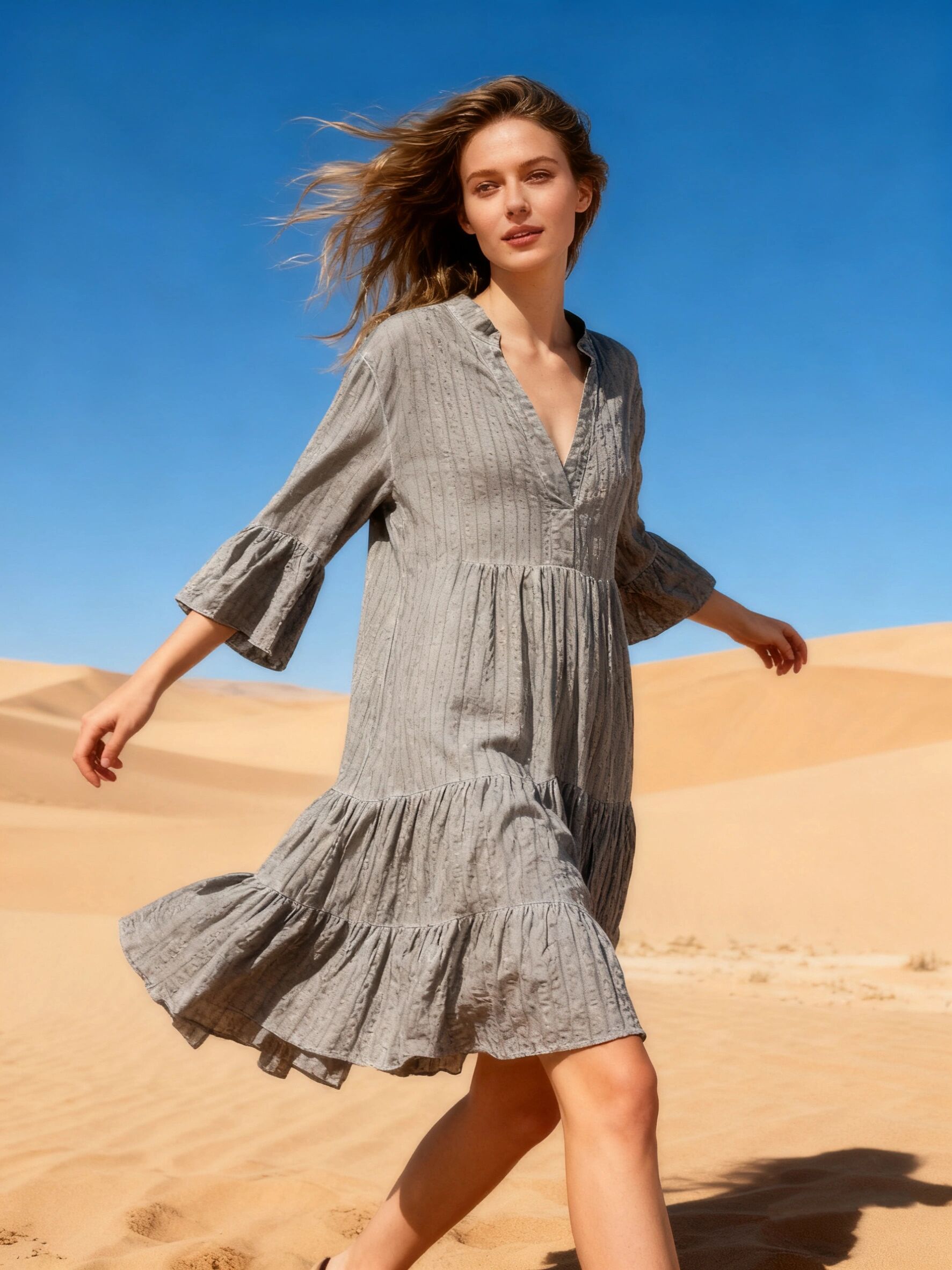 Mid-length tunic dress, flared cut with gathers, textured fabric