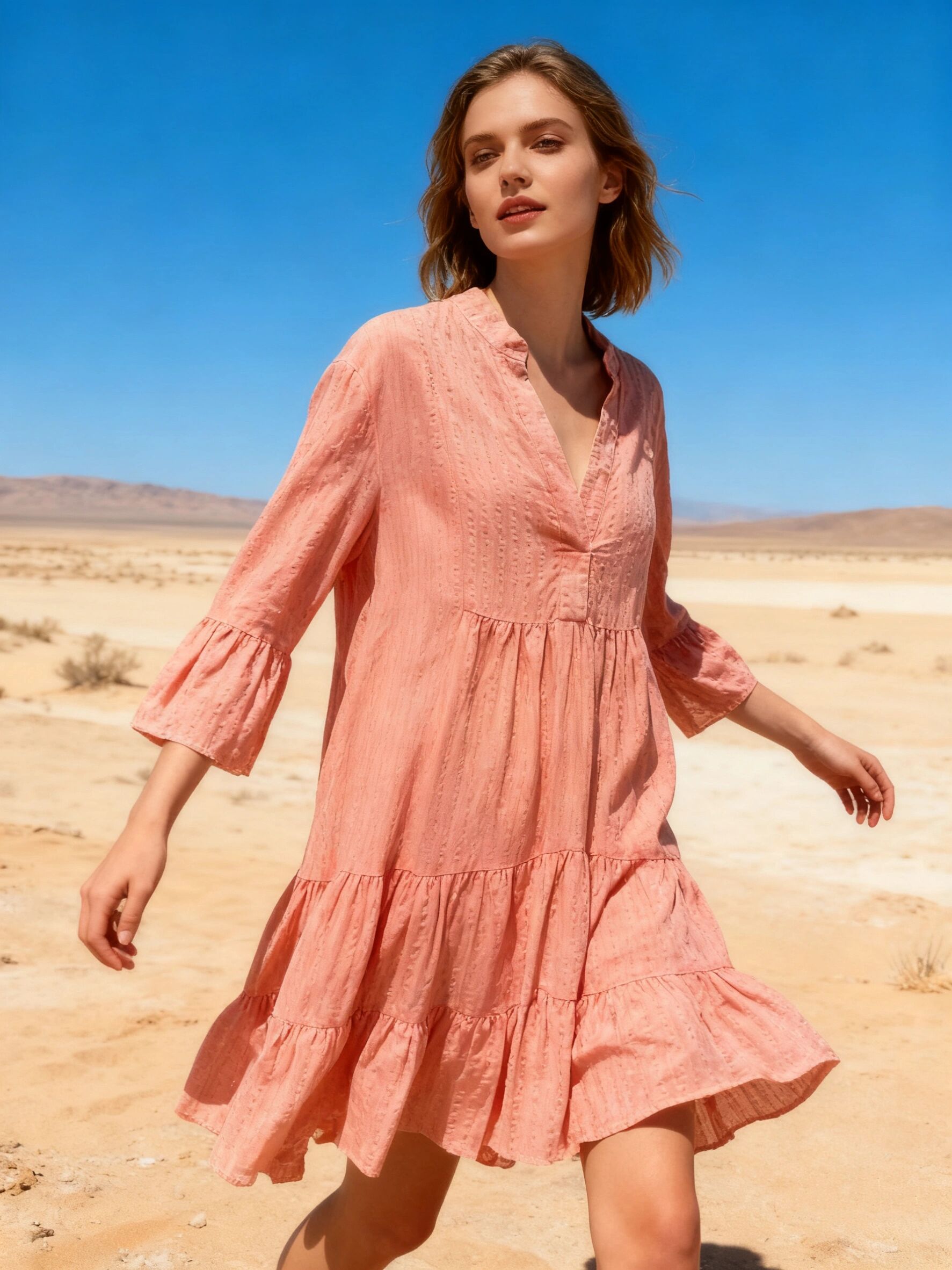 Mid-length tunic dress, flared cut with gathers, textured fabric