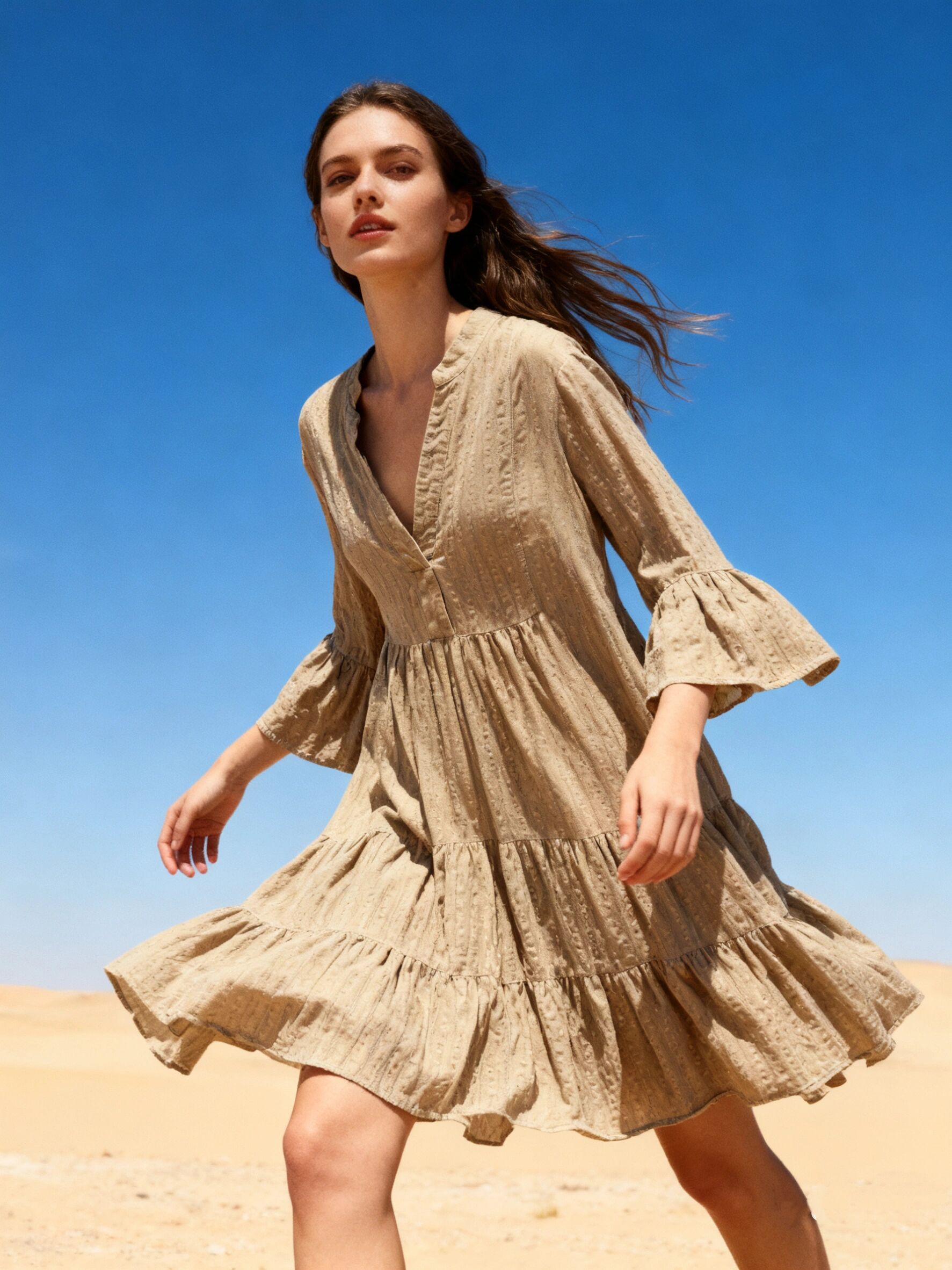 Mid-length tunic dress, flared cut with gathers, textured fabric