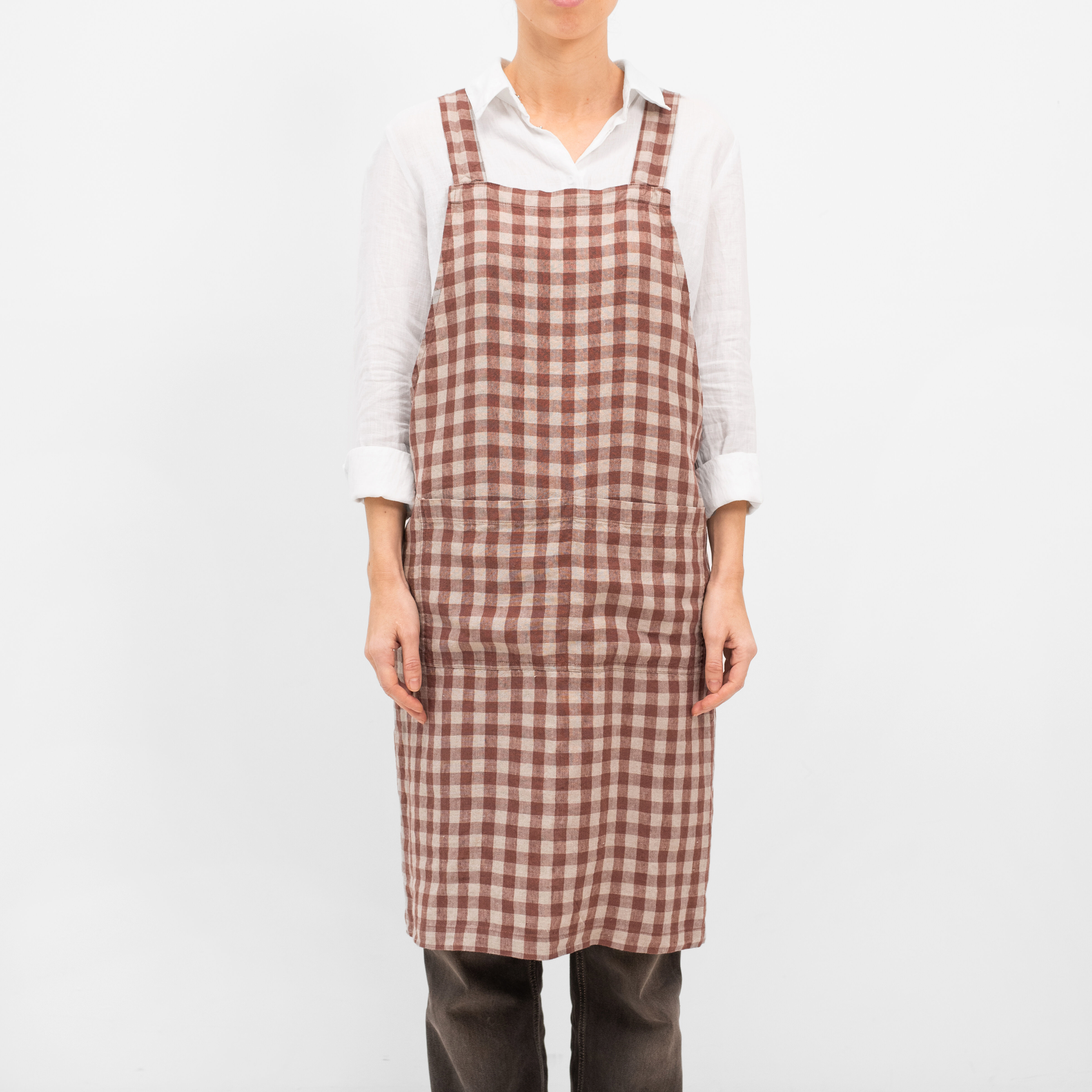 Chocolate Gingham Linen Japanese Crossback Apron