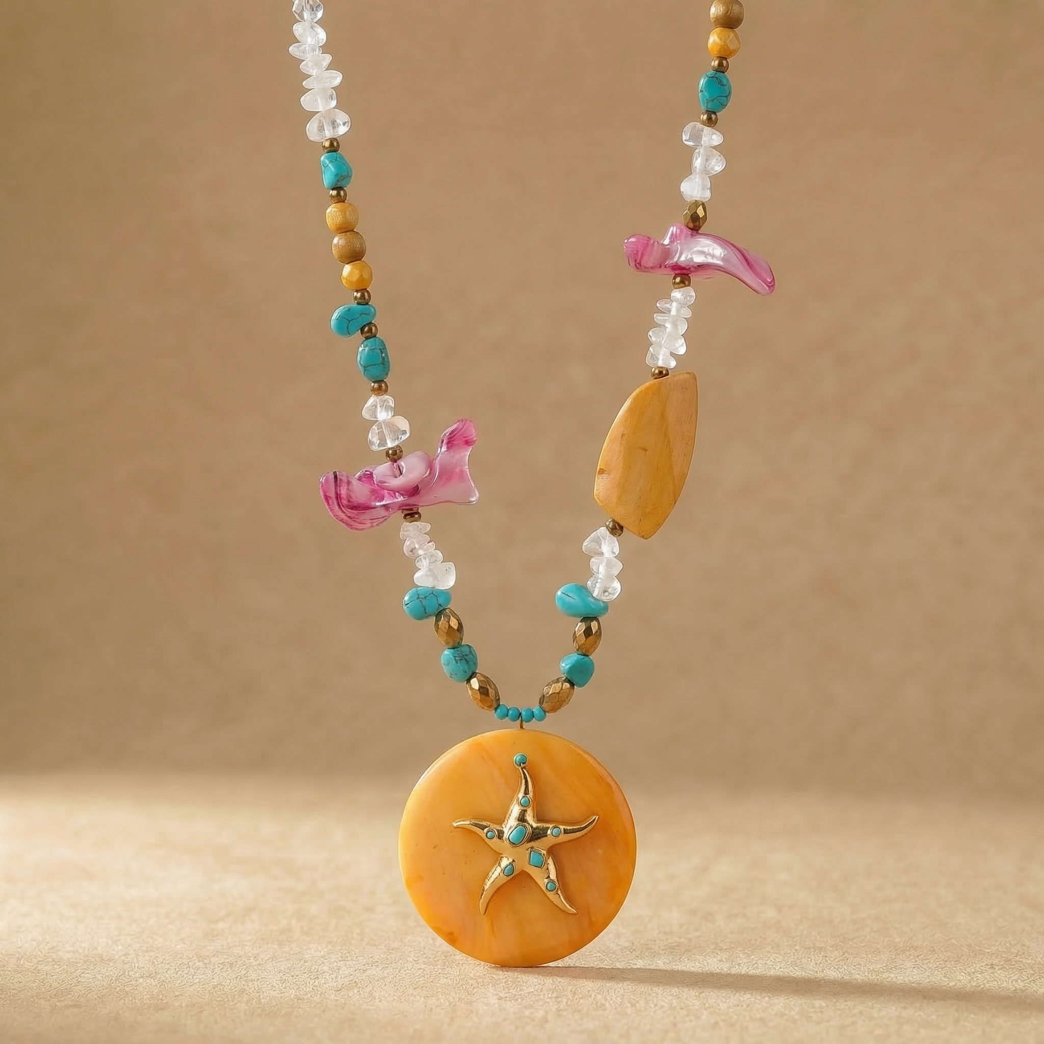 Gold and turquoise Starfish Pendant Beaded Necklace