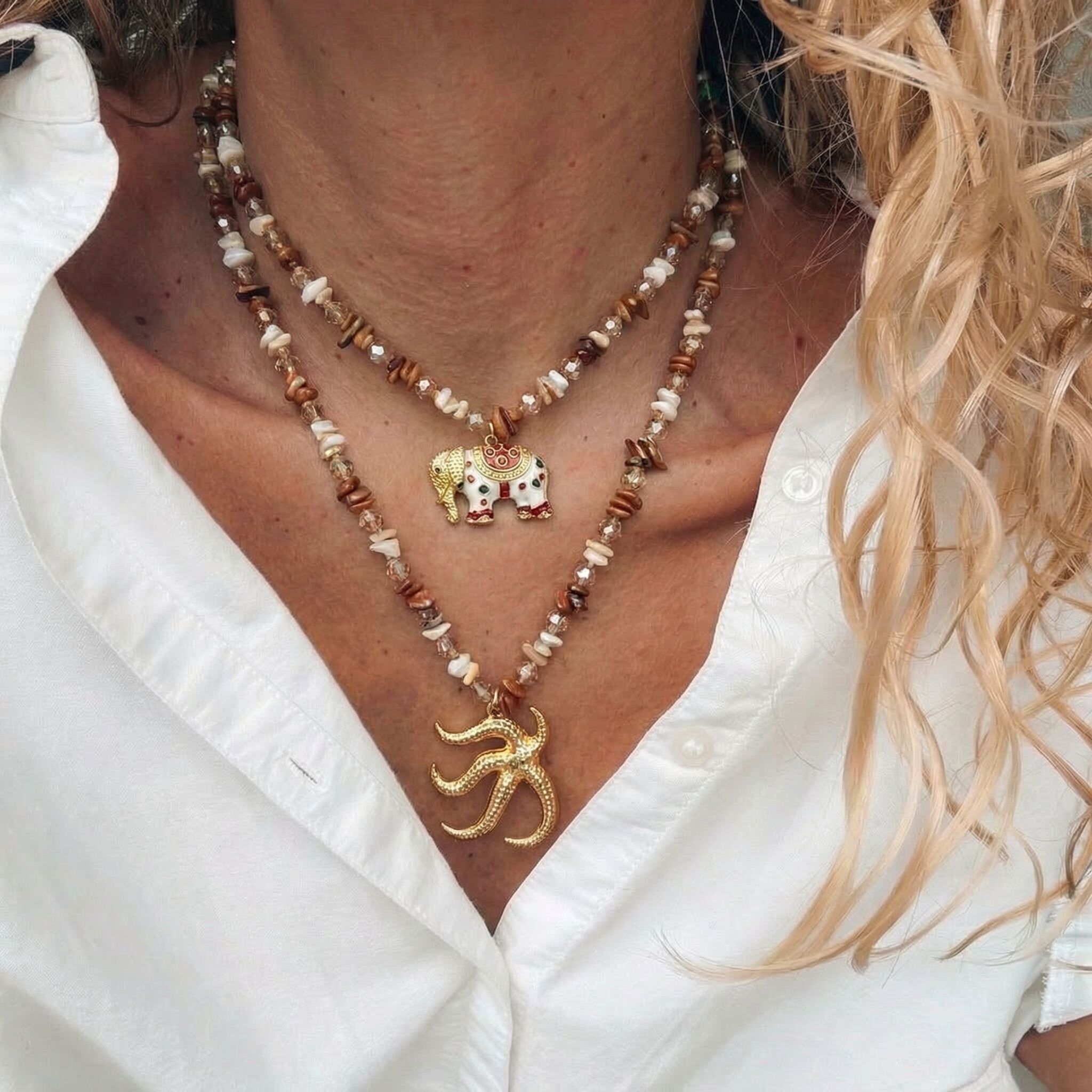 Elephant & Starfish Charm Layered Necklace in Brown tones