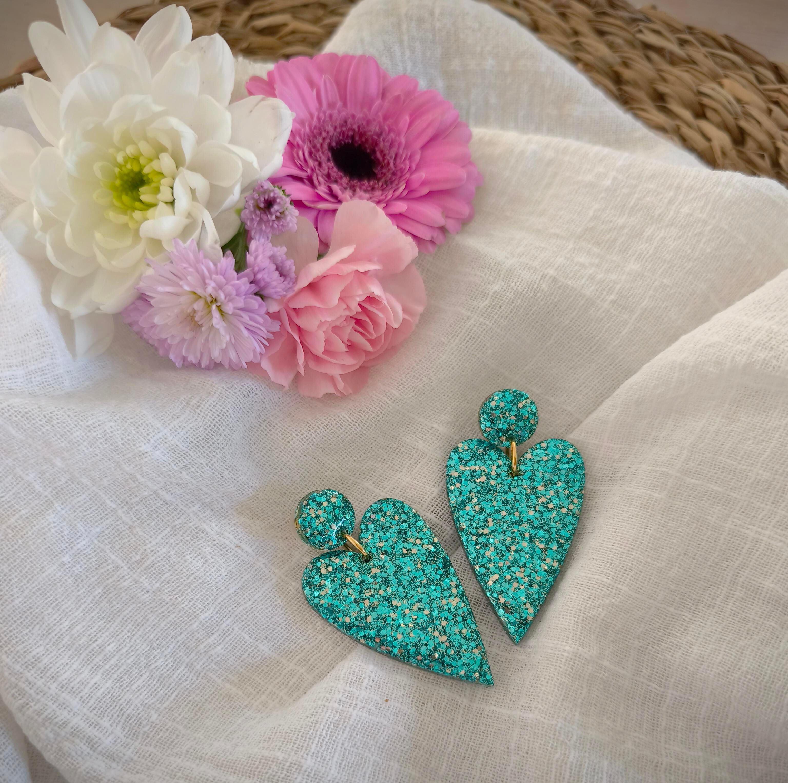 Boucles d'oreilles paillettes Big love turquoise reflets or